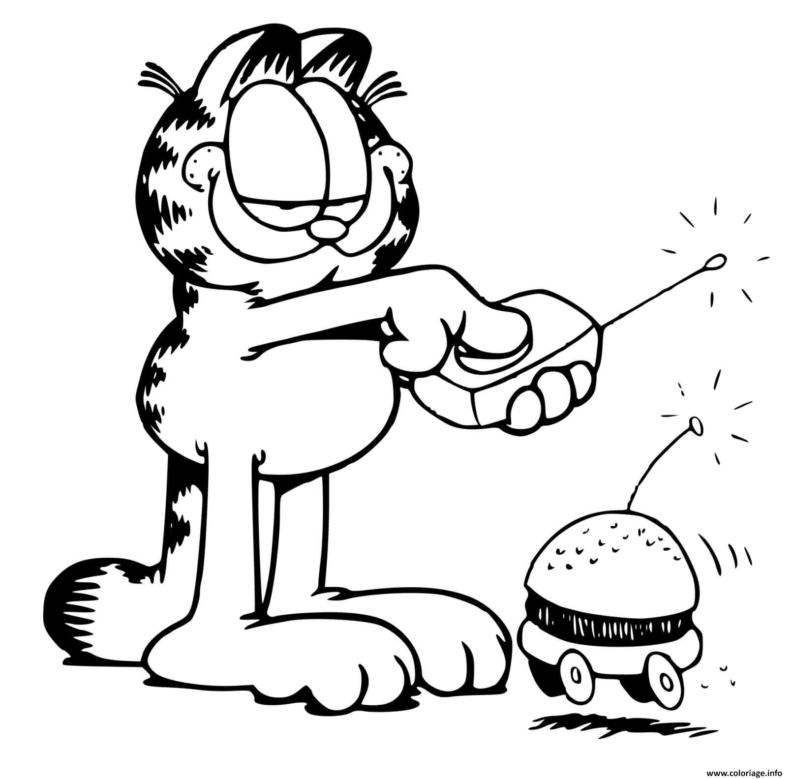 Dessin garfield joue avec une voiture hamburger automatique Coloriage Gratuit à Imprimer