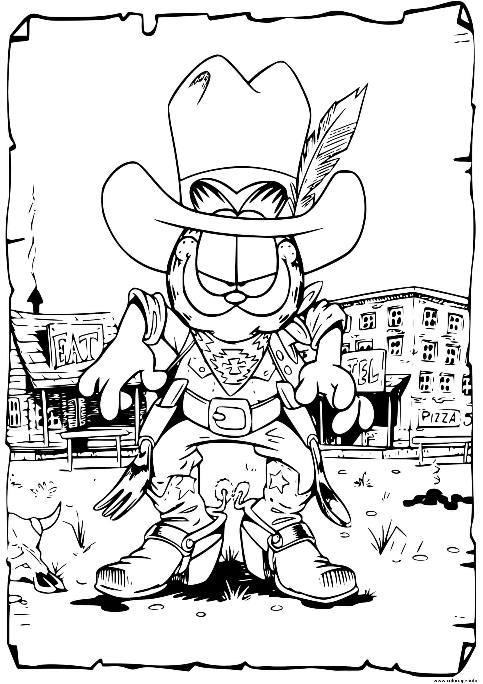 Dessin garfield le cowboy pret pour un combat de as de la gachette western Coloriage Gratuit à Imprimer