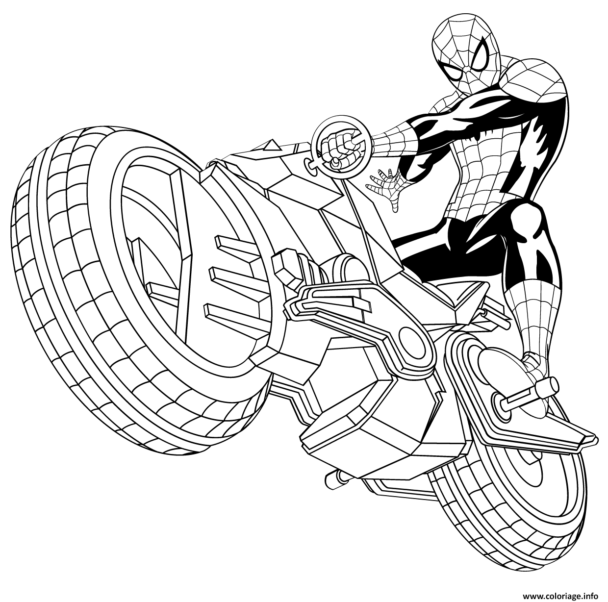 Dessin coloriez spiderman avec sa spider moto auto tres rapide Coloriage Gratuit à Imprimer