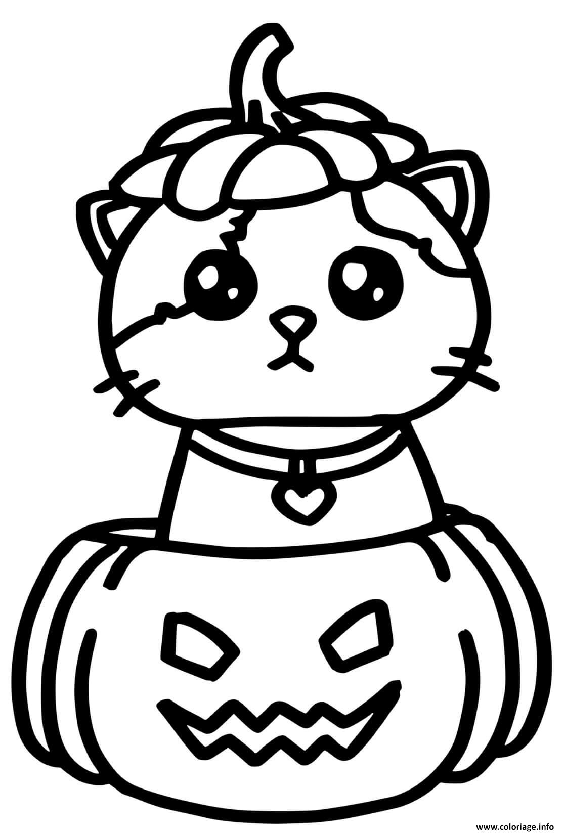 Dessin chat kawaii dans une cirtrouille halloween facile Coloriage Gratuit à Imprimer