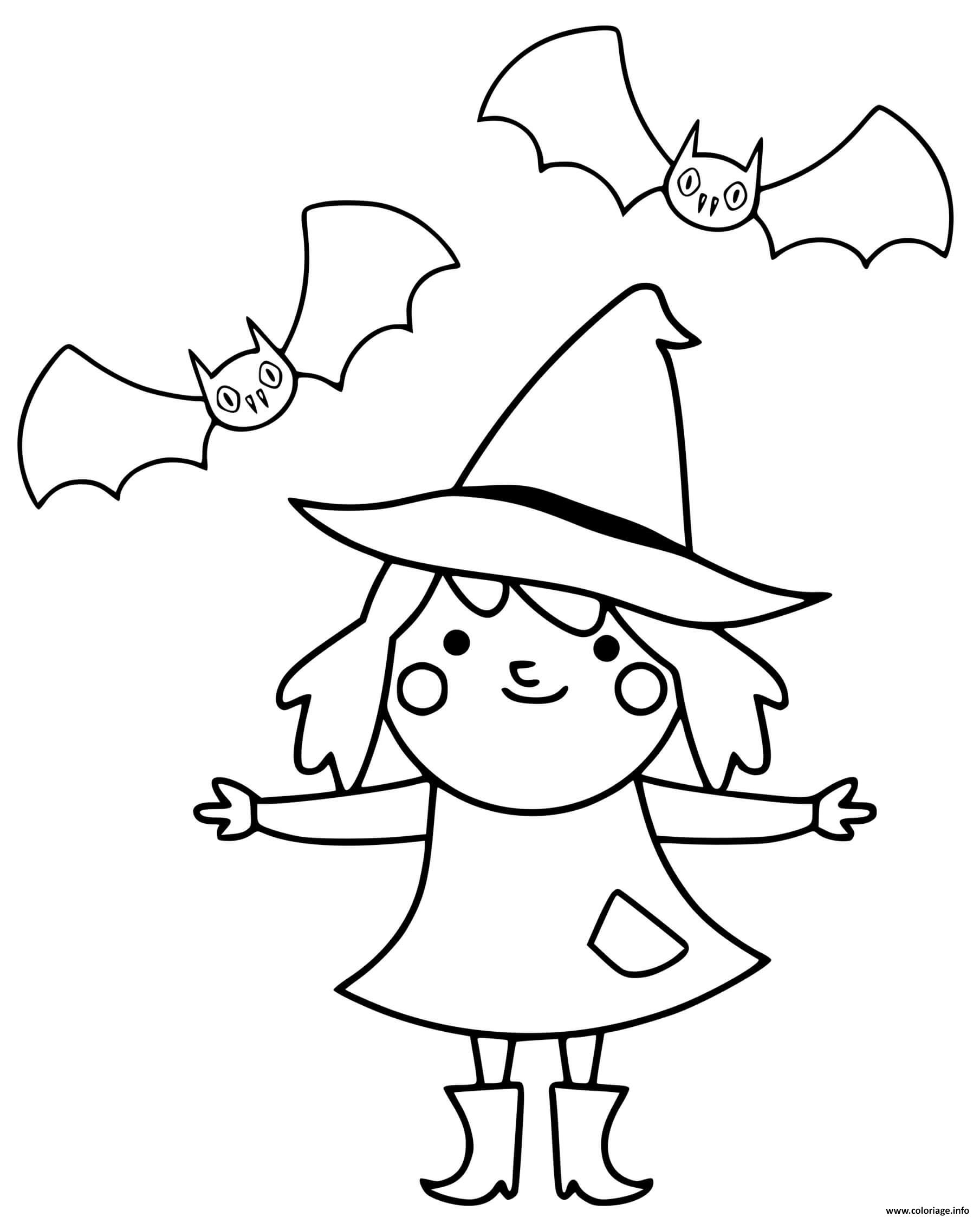 Dessin sorciere avec ses amis chauves souris halloween cp Coloriage Gratuit à Imprimer