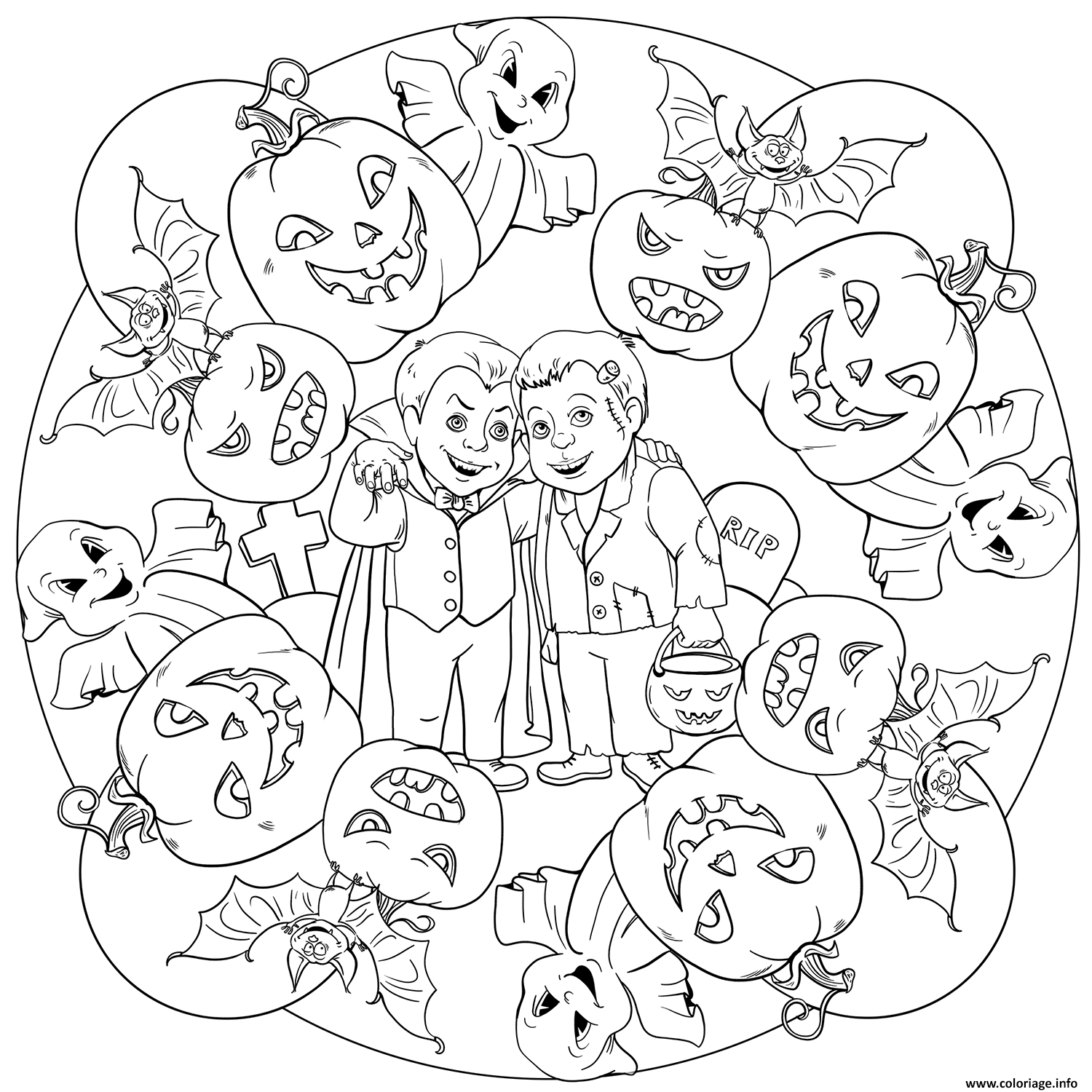 Dessin mandala halloween vampire zombie citrouilles fantomes Coloriage Gratuit à Imprimer