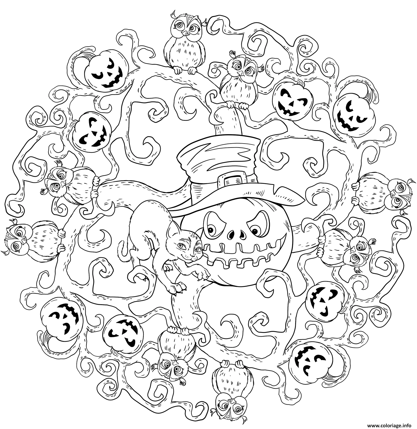 Coloriage Mandala d'Halloween avec des chats noirs