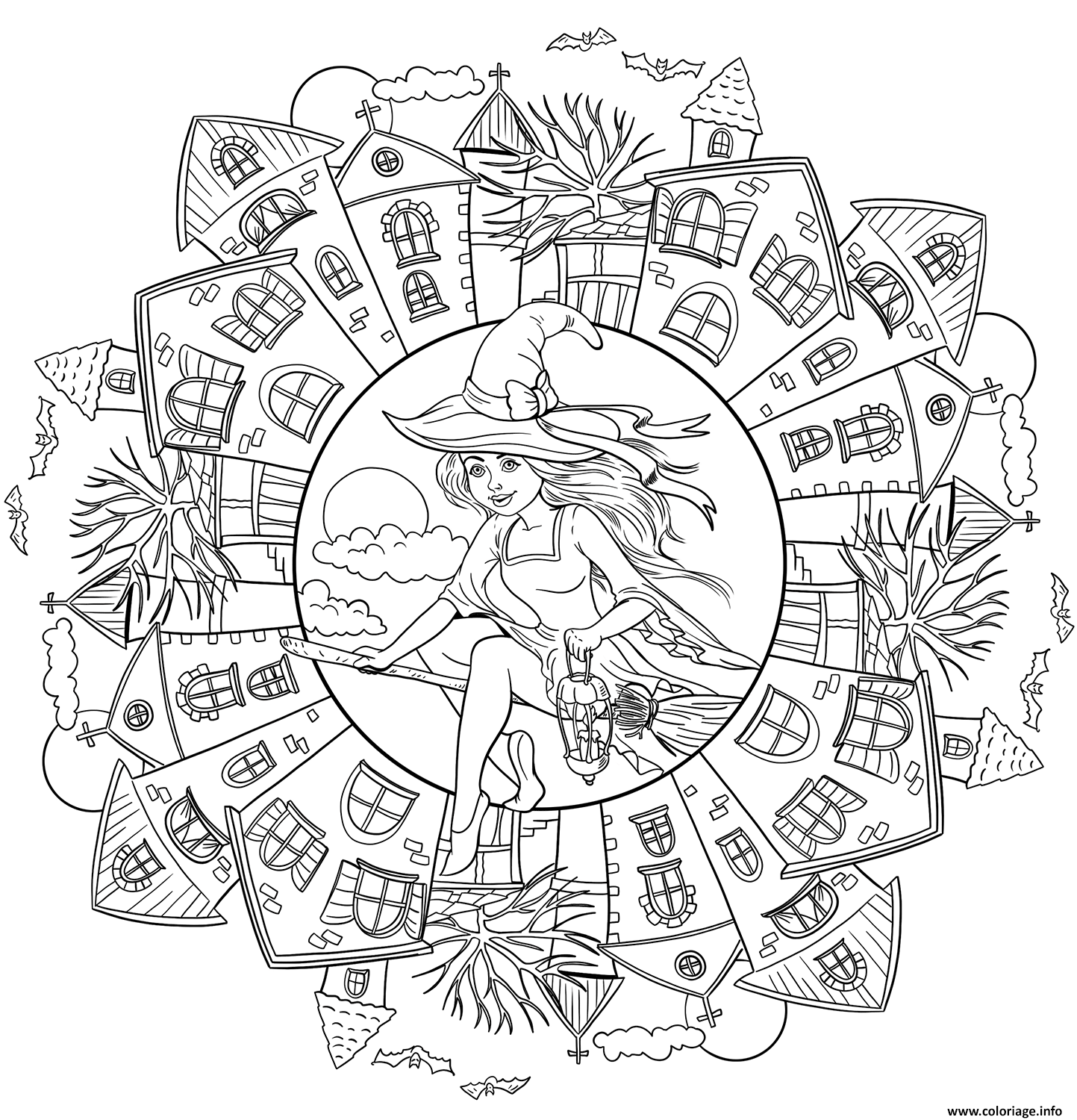 Dessin mandala halloween sorciere avec des maisons hantees Coloriage Gratuit à Imprimer