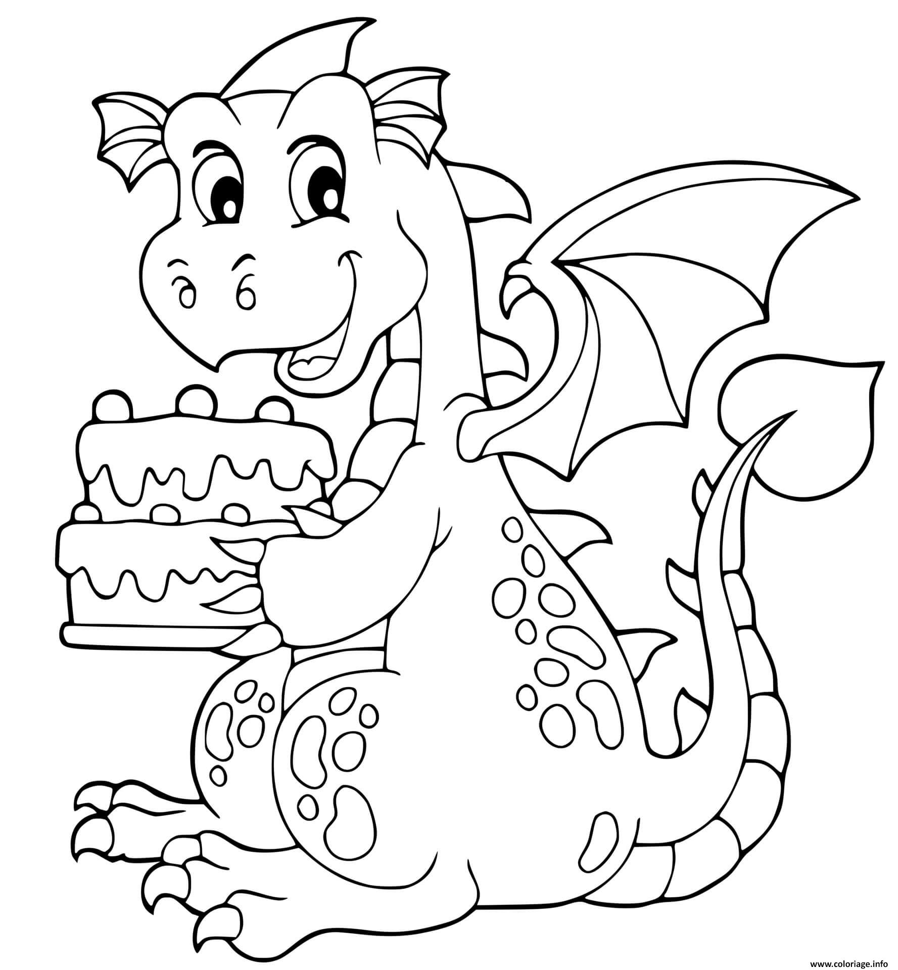 Dessin anniversaire dragon avec un gateau pour sa fete Coloriage Gratuit à Imprimer