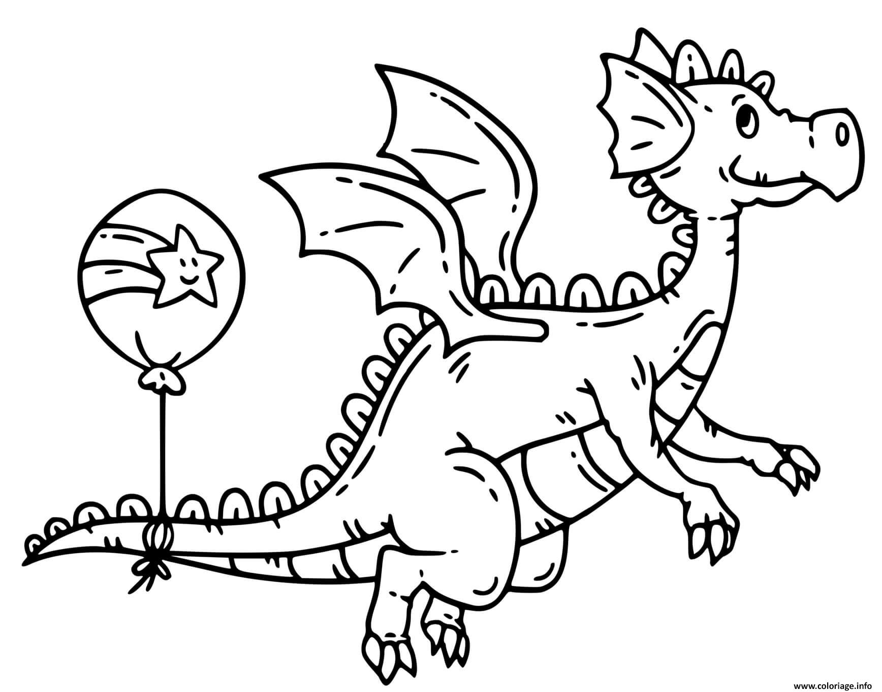 Dessin dragon facile avec un ballon de anniversaire Coloriage Gratuit à Imprimer