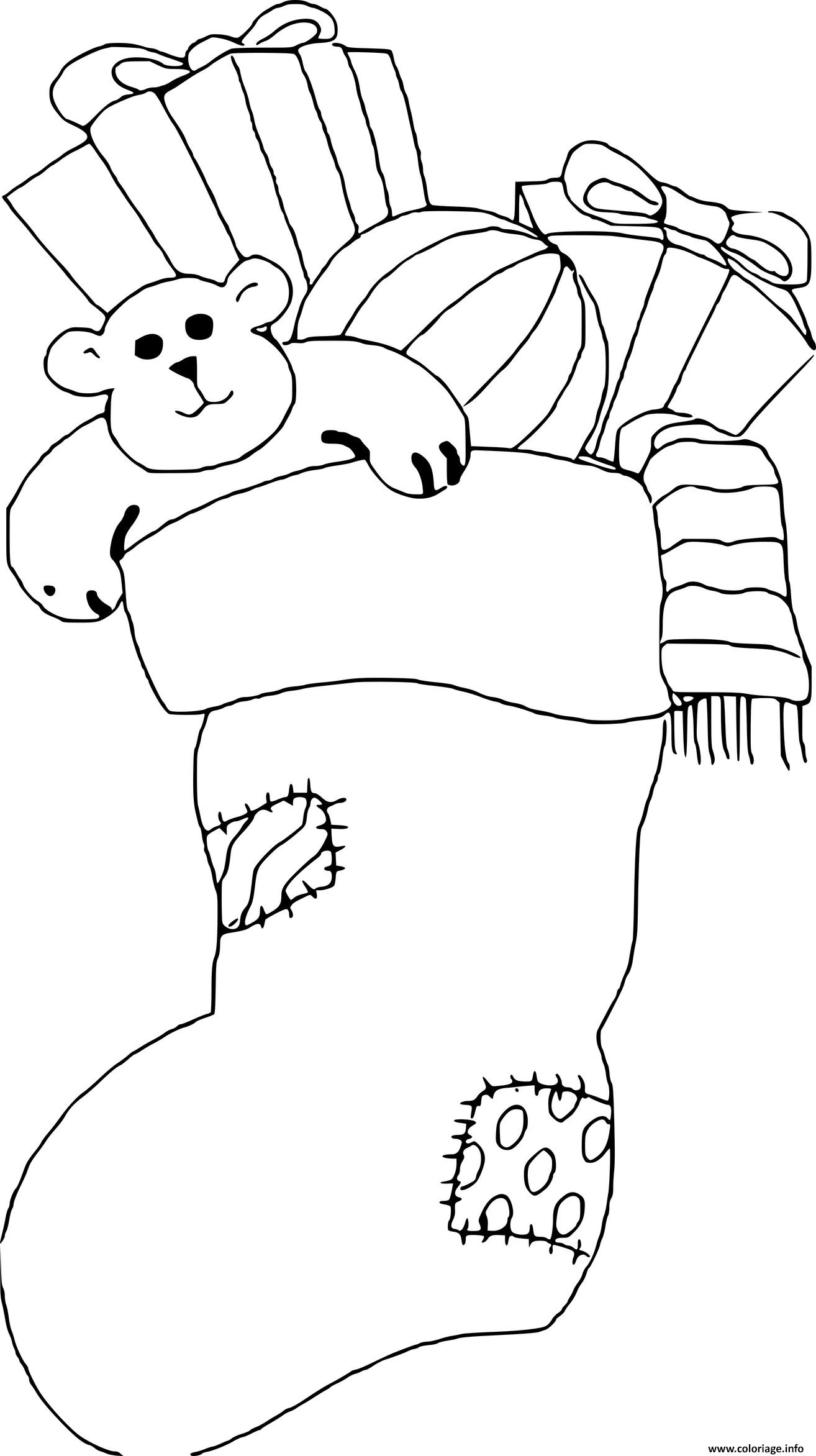 Dessin ourson en peluche et cadeaux dans un bas de noel Coloriage Gratuit à Imprimer