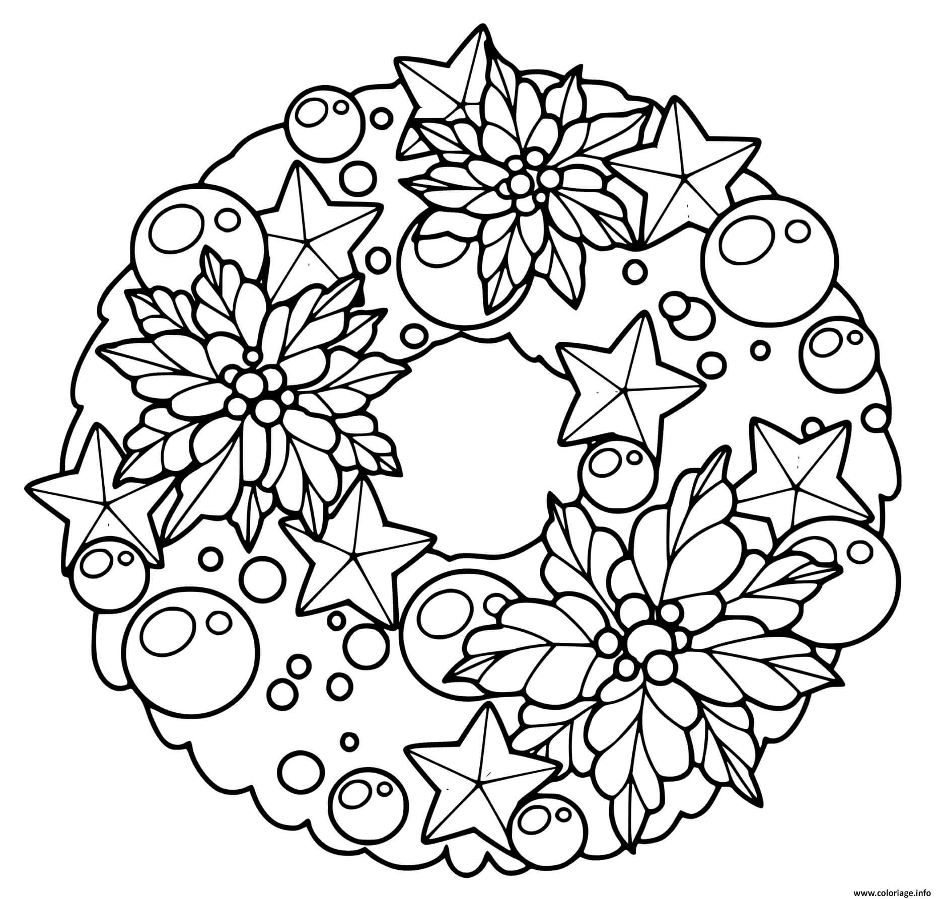 Dessin couronne noel avec decorations et bouquet fleurs Coloriage Gratuit à Imprimer