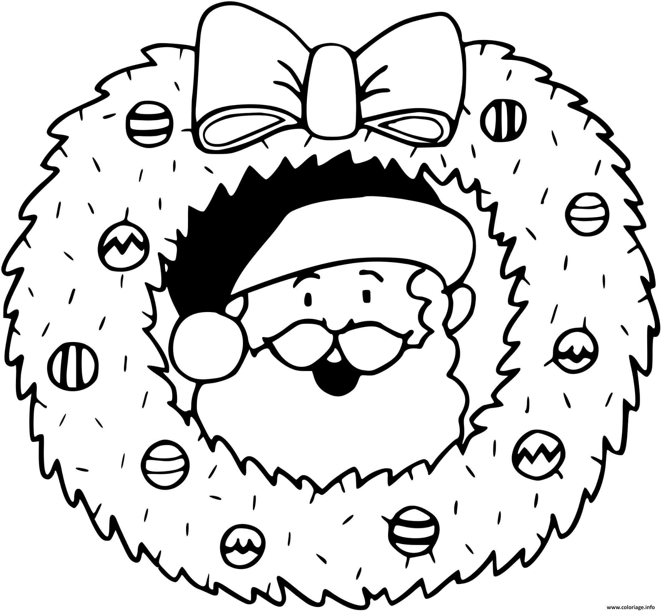 Dessin couronne de noel avec le pere noel Coloriage Gratuit à Imprimer