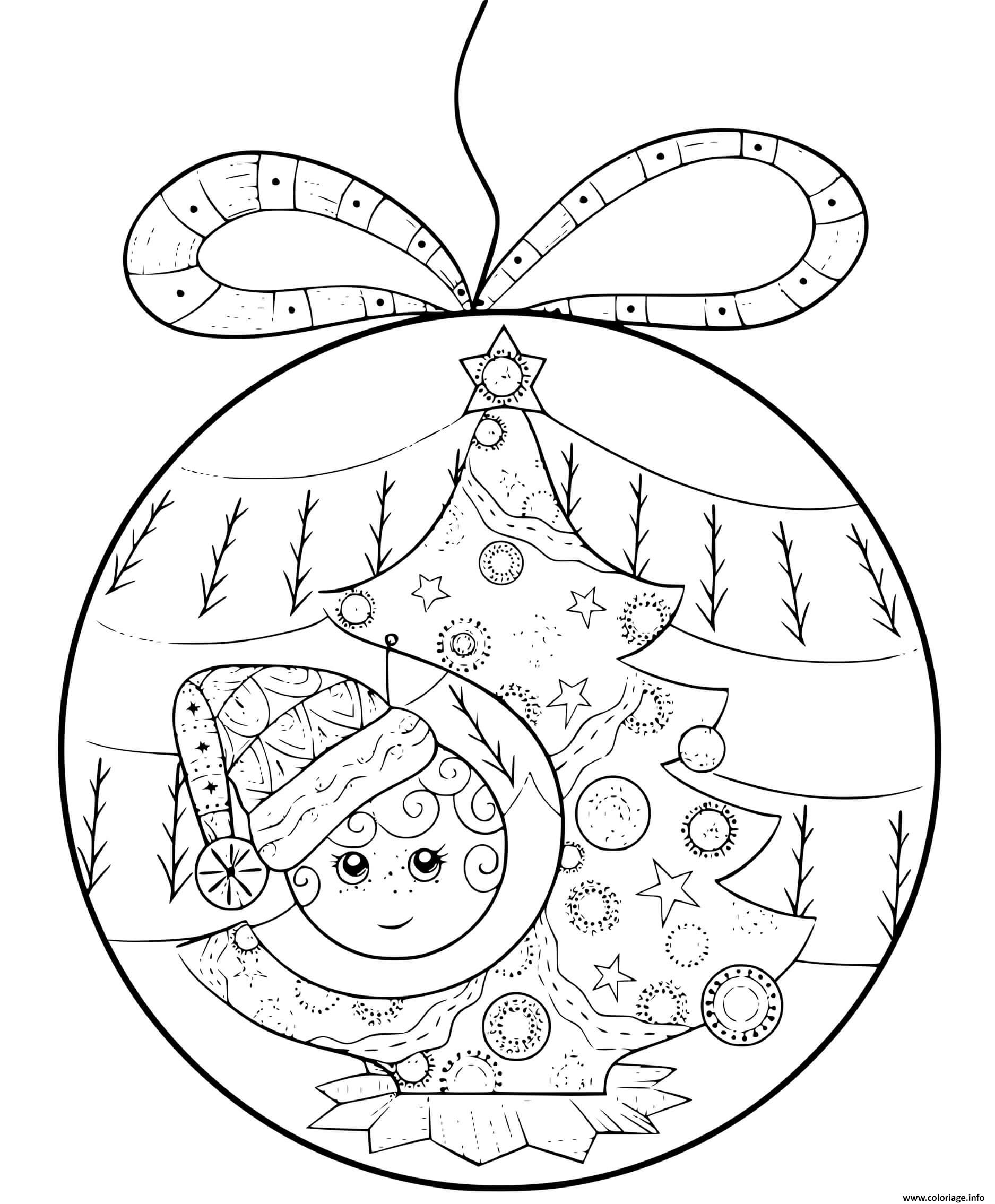 Coloriage Boule De Noel Avec Un Enfant Et Un Sapin Dessin à Imprimer