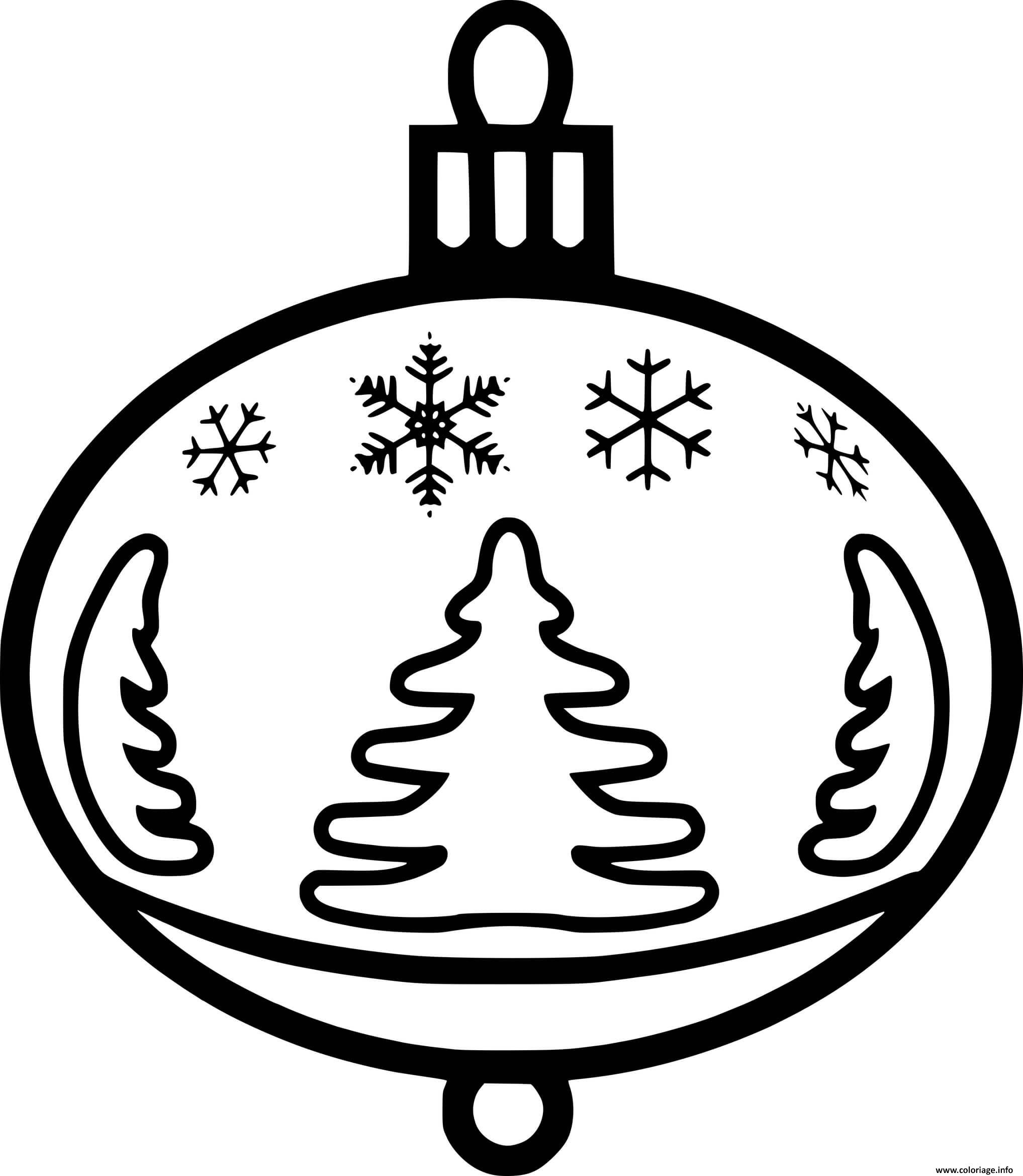 Dessin boule de noel avec flocons de neige et sapins Coloriage Gratuit à Imprimer