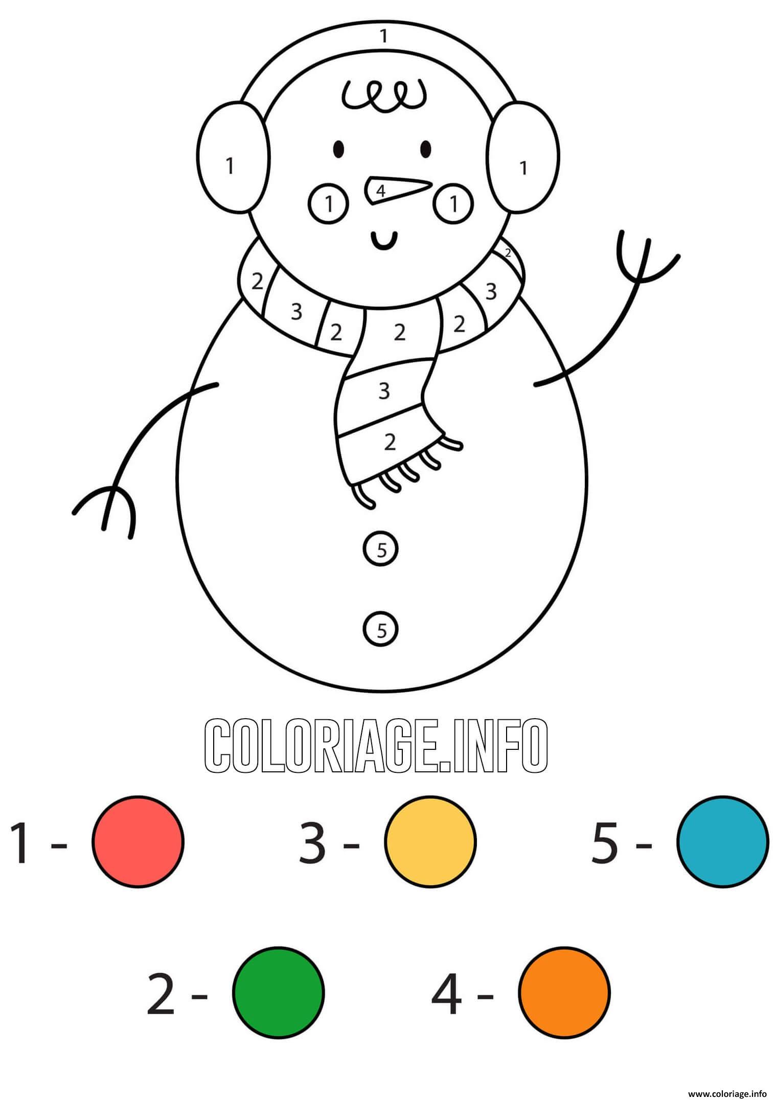 Dessin bonhomme de neige avec habis contre le froid dessin par numero Coloriage Gratuit à Imprimer