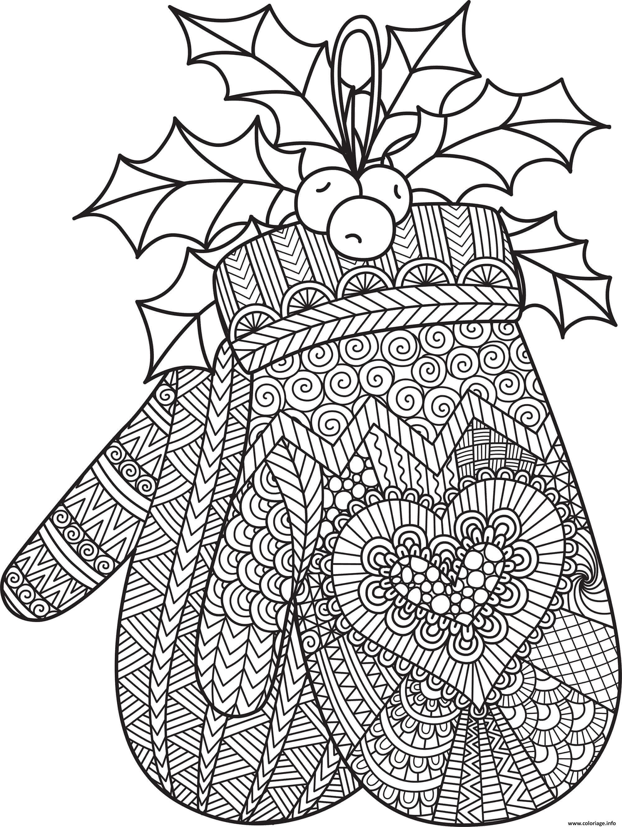 Dessin gants hiver noel motif de coeur mandala difficile expert Coloriage Gratuit à Imprimer