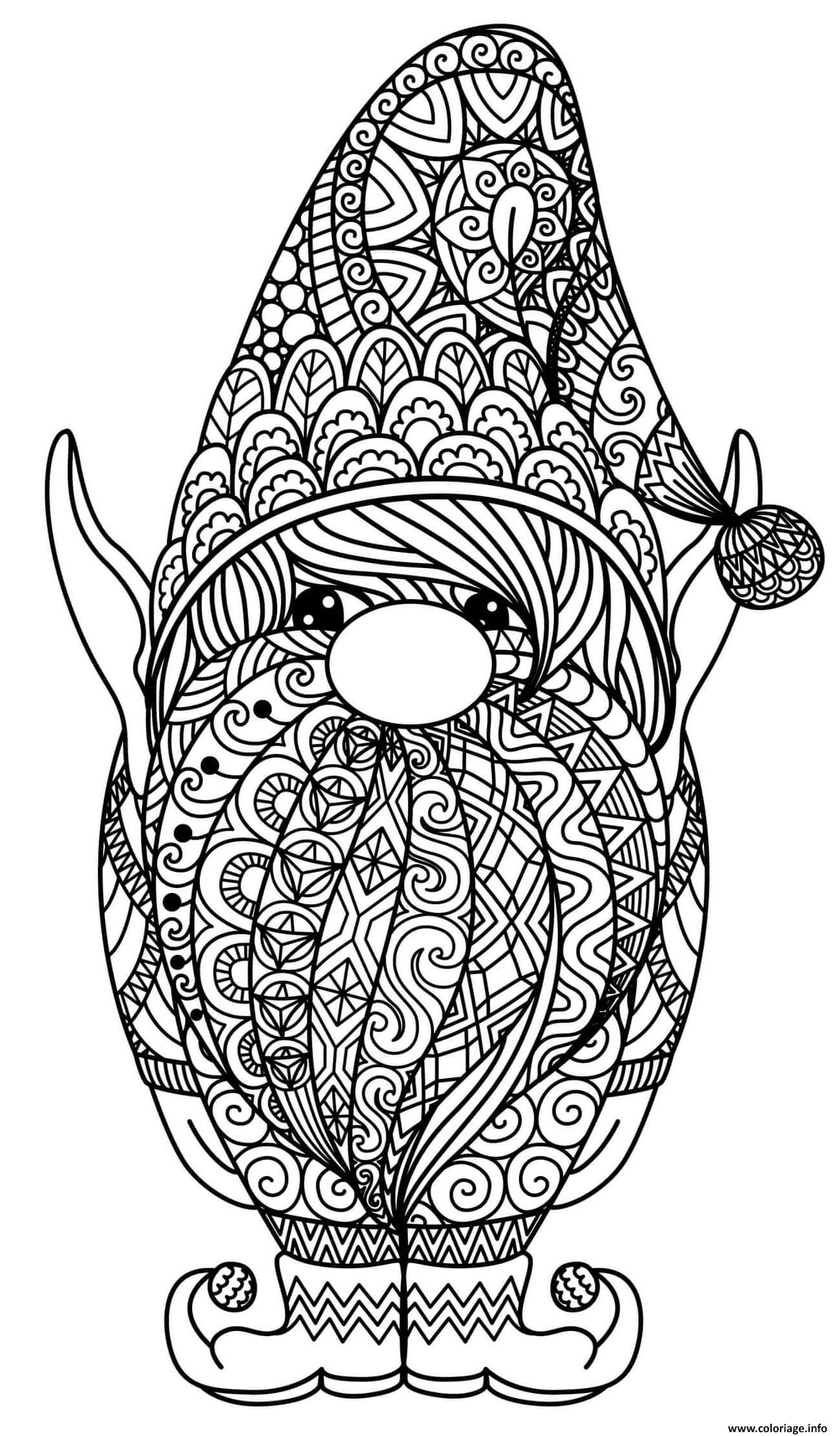 Coloriage gnome avec un chapeau du pere noel mandala  JeColorie.com