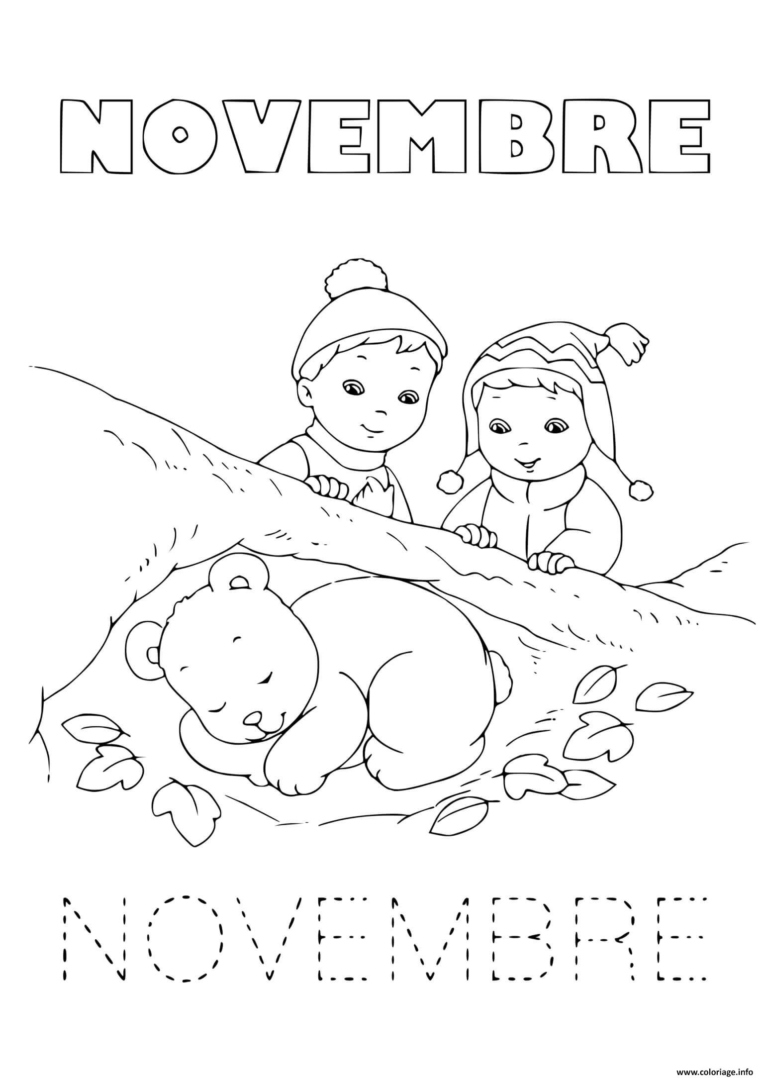 Dessin enfants regardent un bebe ours dormir novembre Coloriage Gratuit à Imprimer