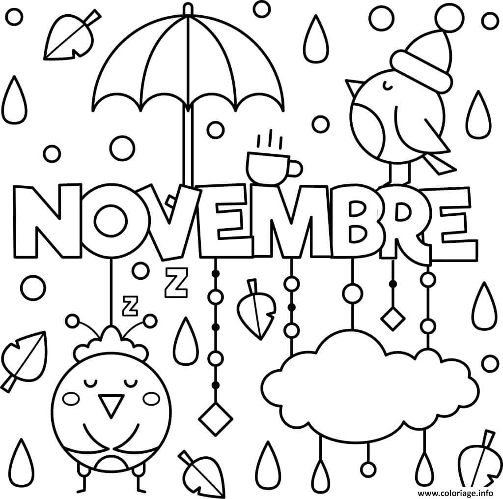 Dessin novembre oiseau pluie parapluies Coloriage Gratuit à Imprimer