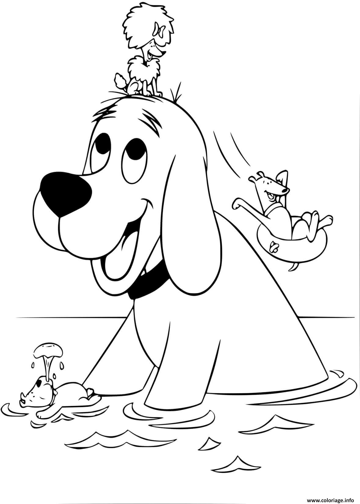 Dessin clifford et ses amis chiens se baignent au lac Coloriage Gratuit à Imprimer