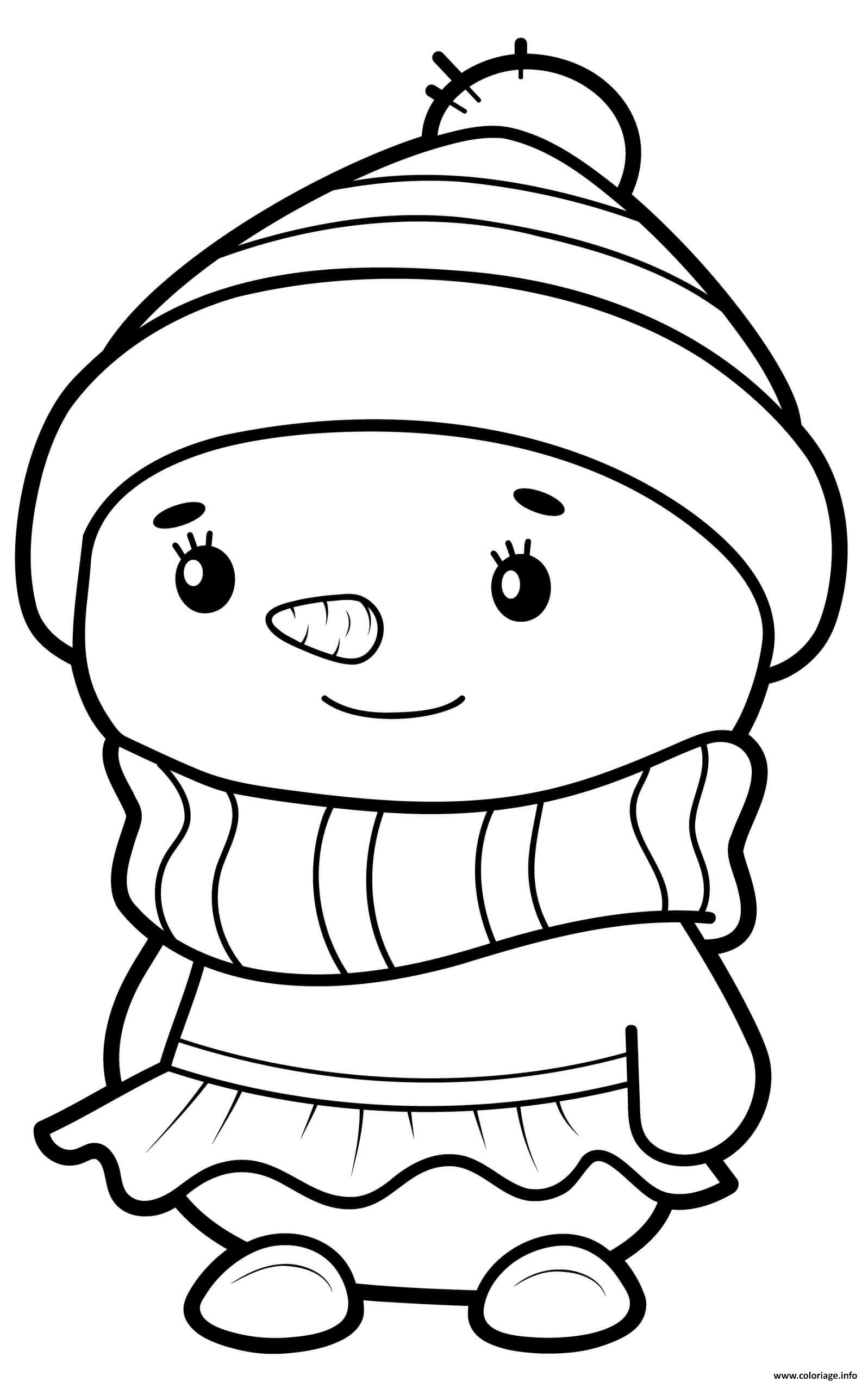 Dessin bonhomme de neige fille habille avec une robe et un chapeau Coloriage Gratuit à Imprimer