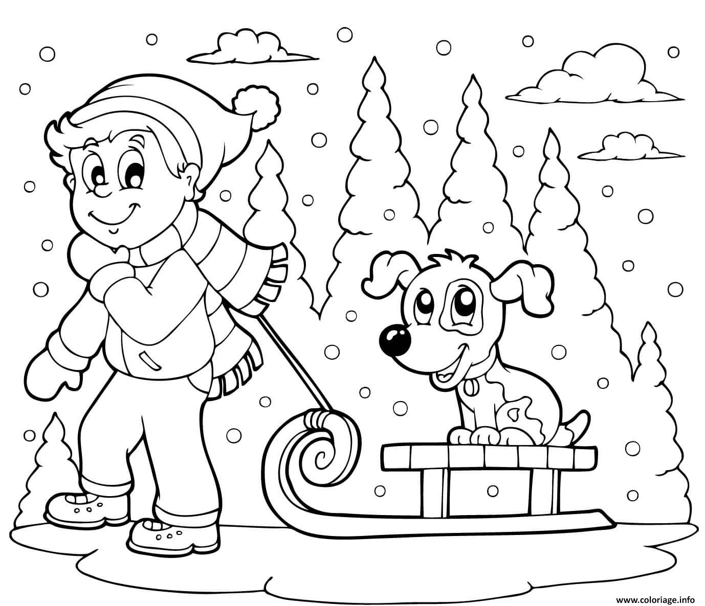 Dessin enfant traine son chien en hiver sapin neige Coloriage Gratuit à Imprimer