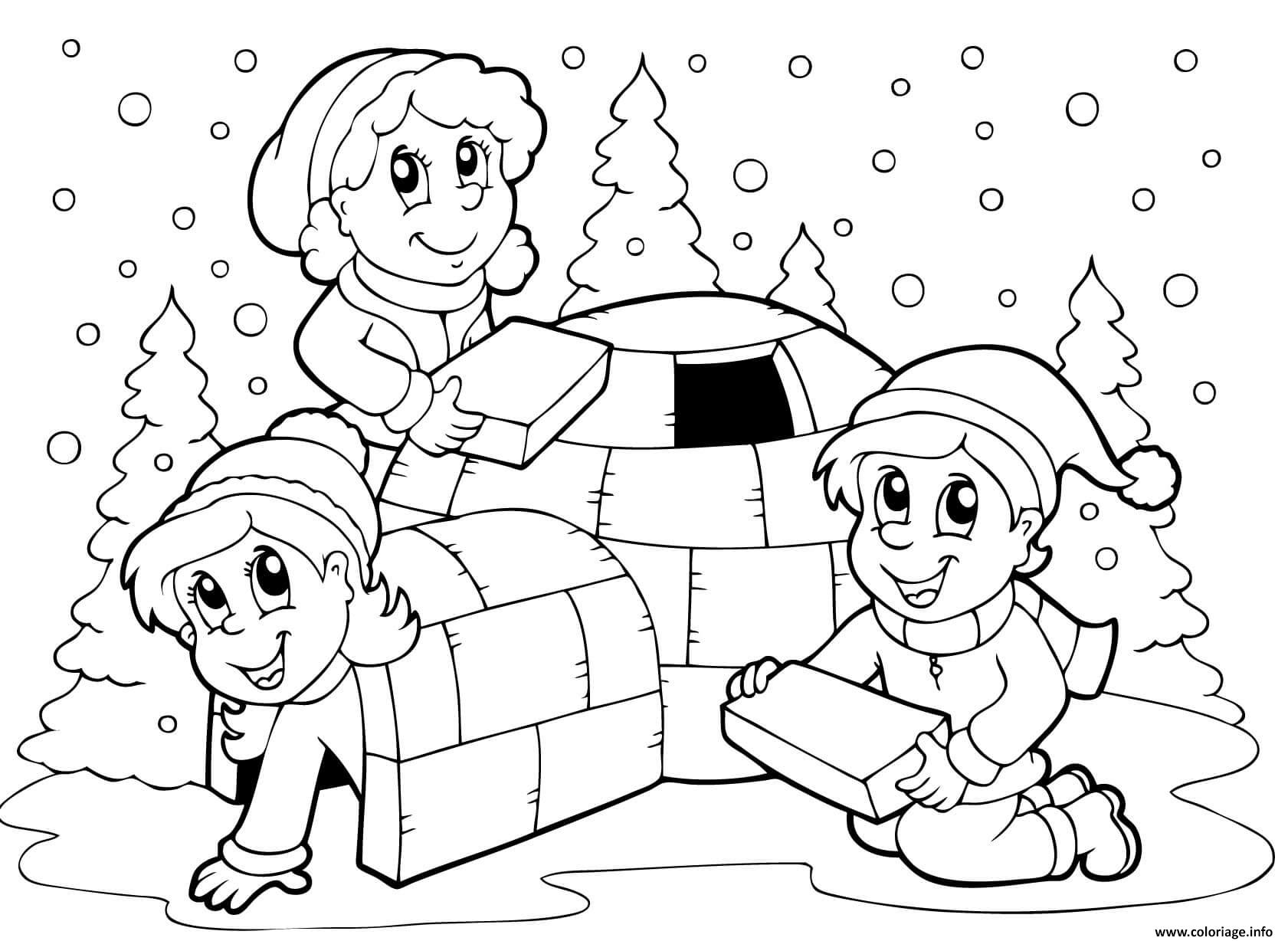 Dessin enfants construisent un igloo en hiver sous la neige Coloriage Gratuit à Imprimer