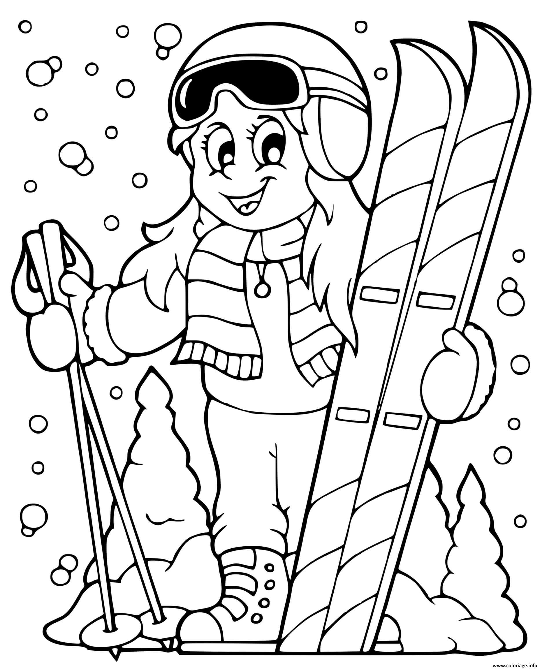 Dessin une fille sportive fait du ski alpin en hiver neiges flocons sapins Coloriage Gratuit à Imprimer