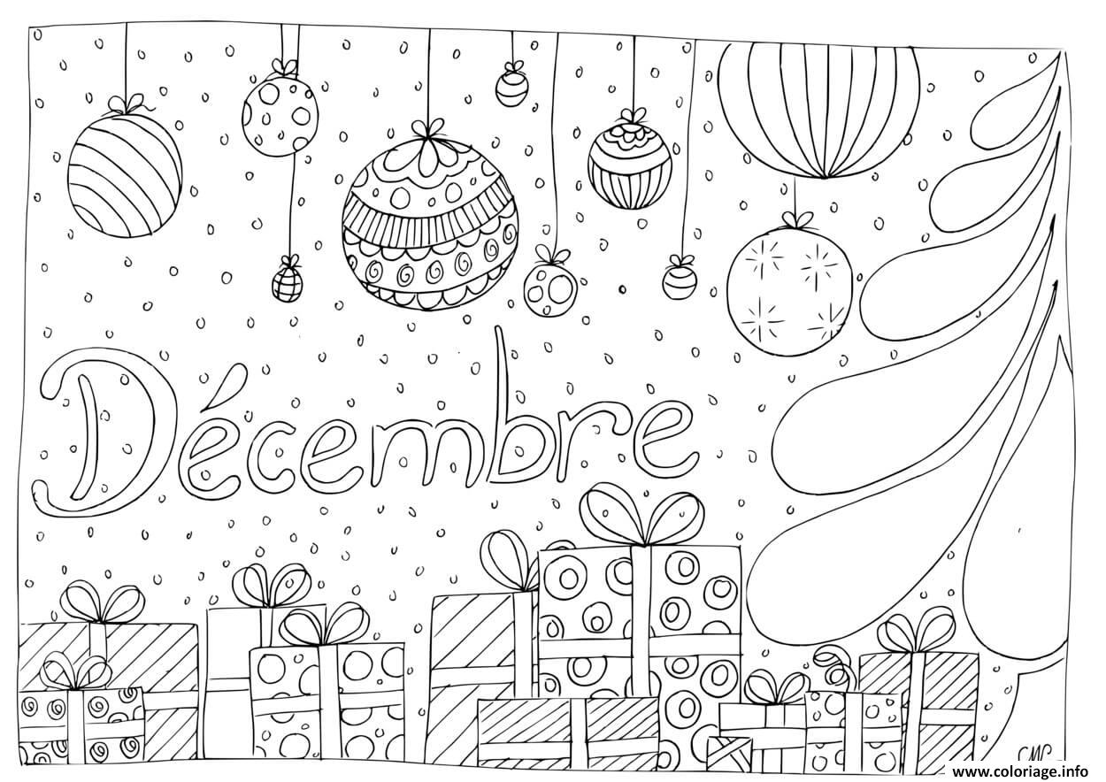 Coloriage Decembre Cadeaux Boules Et Sapin De Noel Dessin à Imprimer