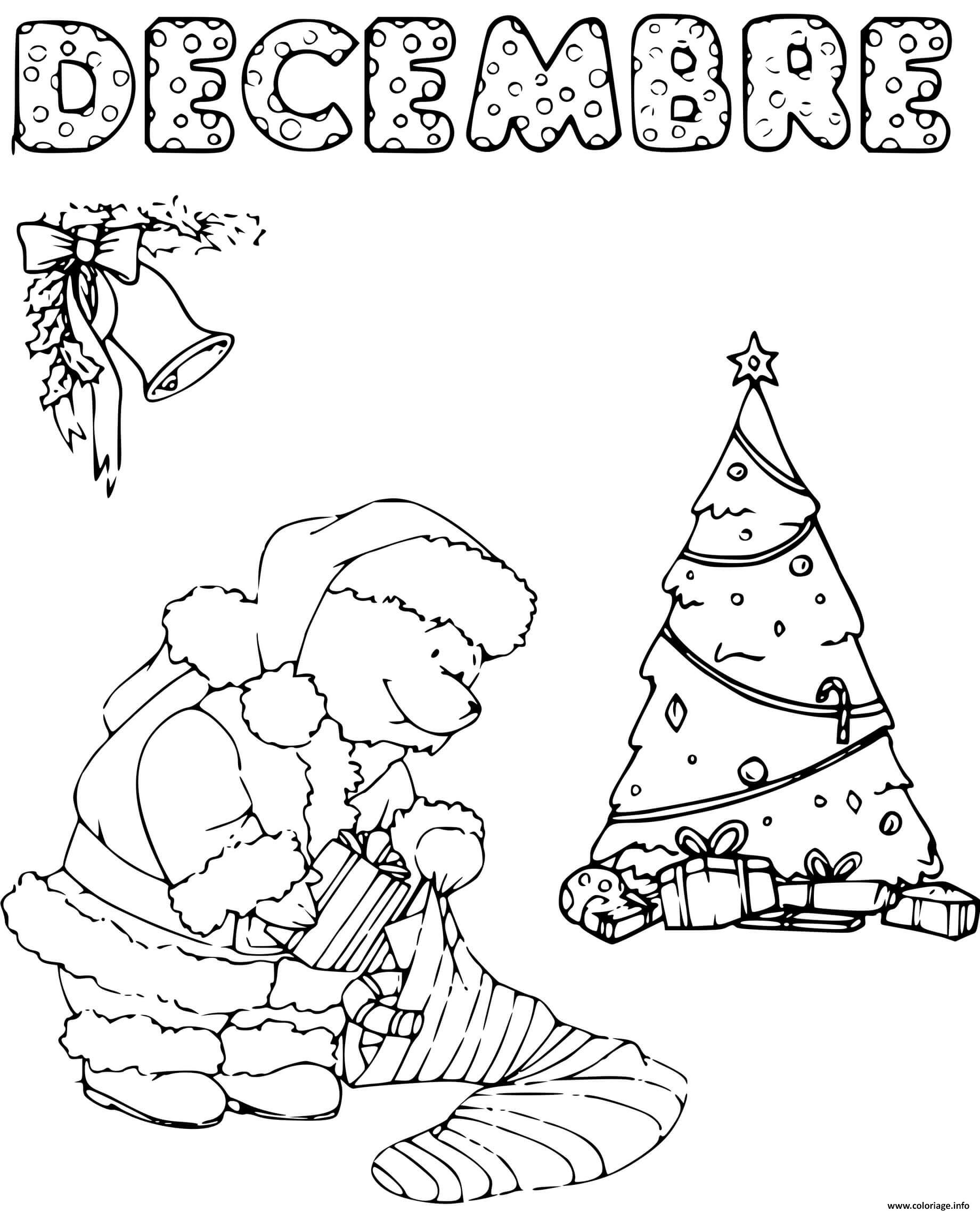 Coloriage Decembre Pere Noel Emballe Des Cadeaux Avec Sapin De Noel Dessin à Imprimer