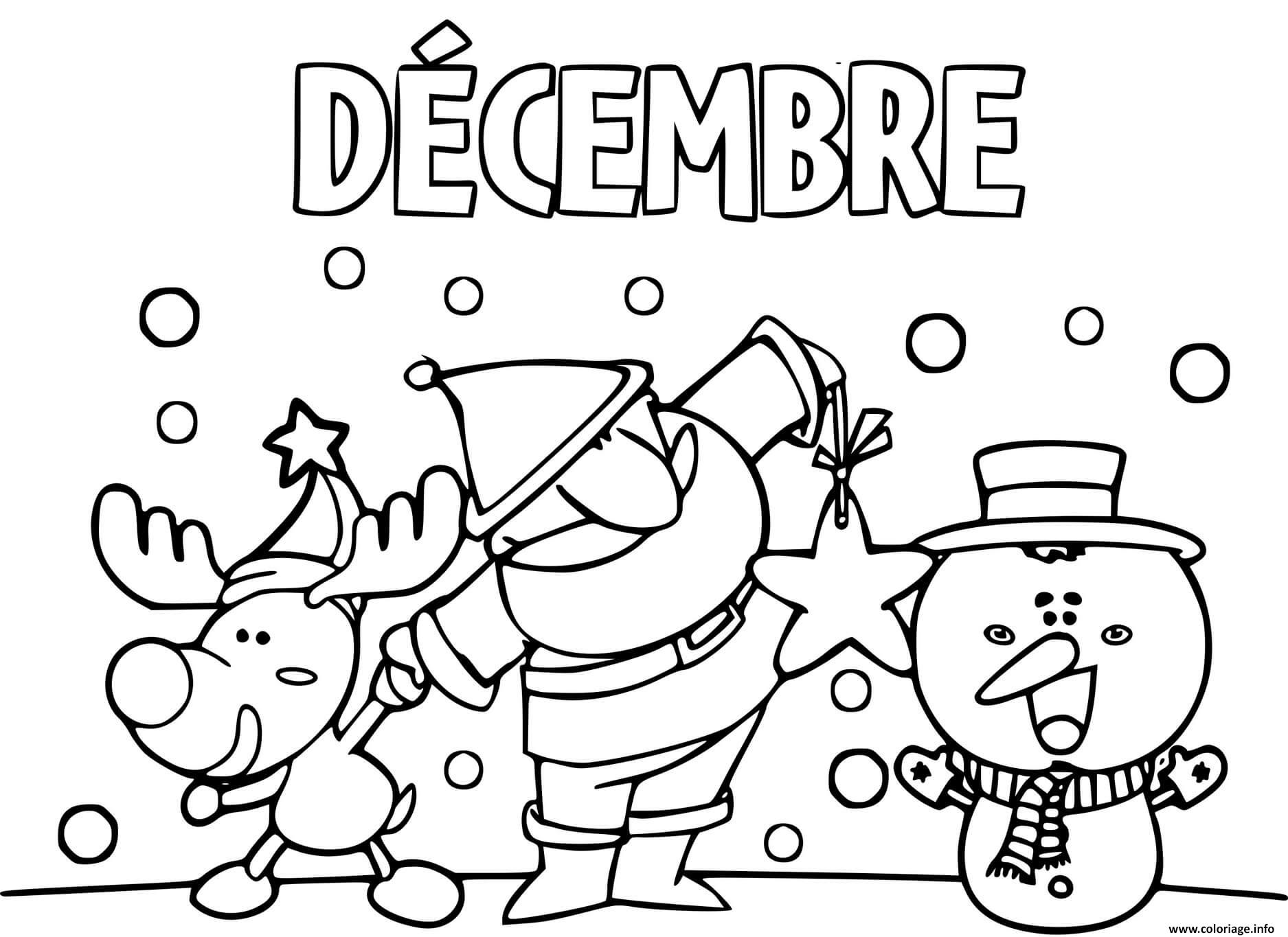 Coloriage Decembre Pere Noel Renne Et Bonhomme De Neige Tous Joyeux Dessin à Imprimer