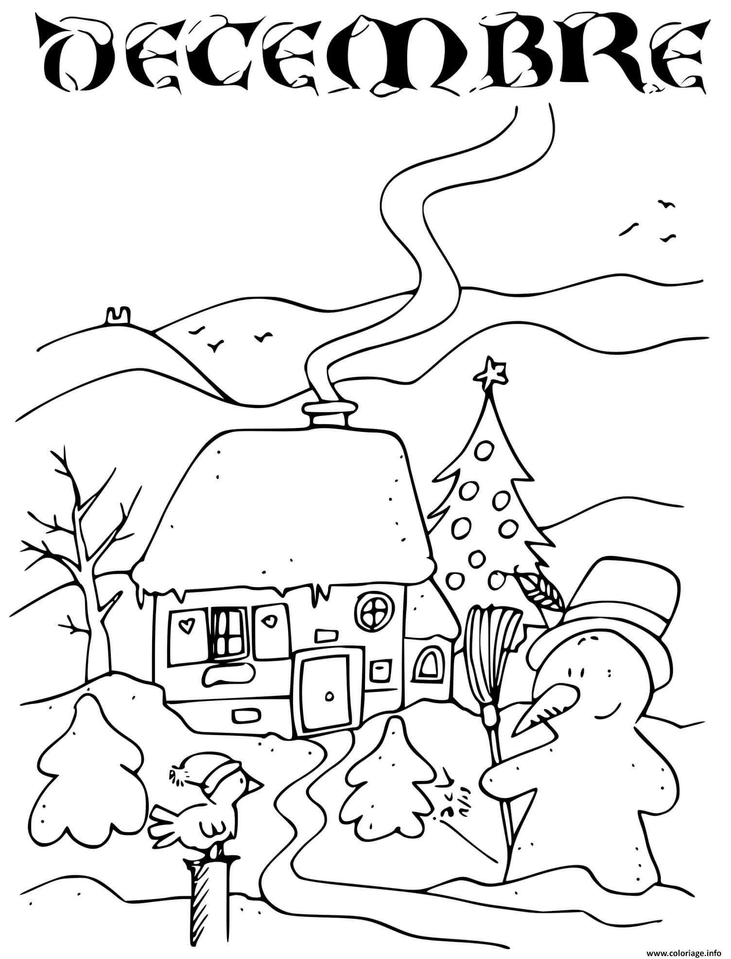 Dessin decembre hiver et neige sur une maison avec sapin Coloriage Gratuit à Imprimer