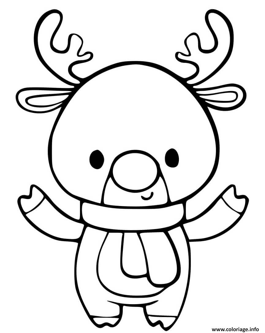 Dessin renne de noel mignon kawaii adorable pour maternelle Coloriage Gratuit à Imprimer