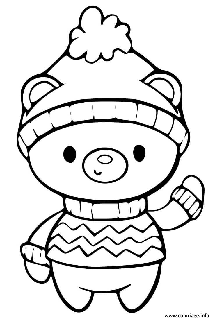 Dessin ours polaire avec habits hiver pour noel Coloriage Gratuit à Imprimer