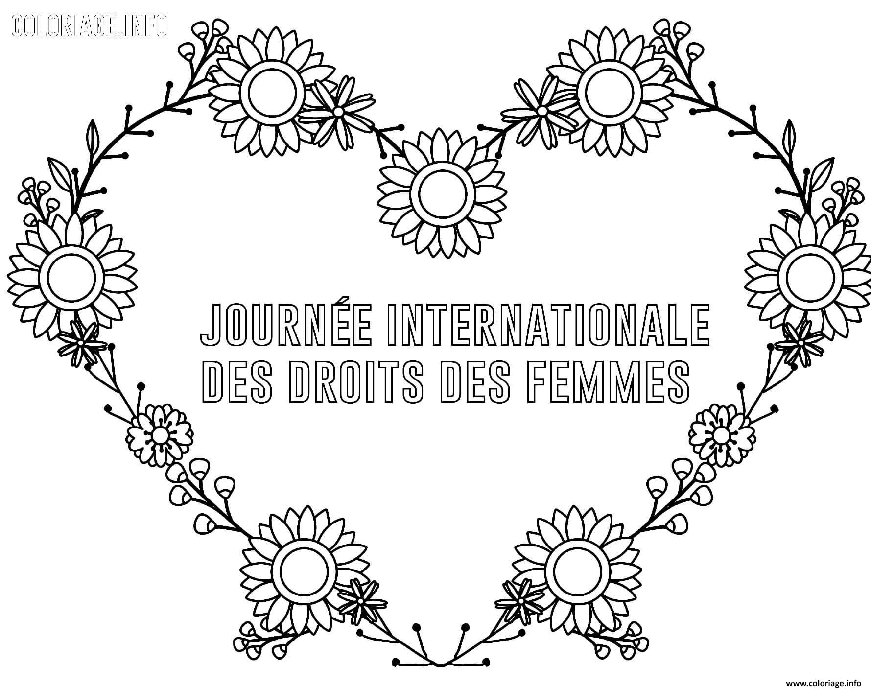 Dessin journee internationale des droits des femmes fleurs en forme de coeur Coloriage Gratuit à Imprimer