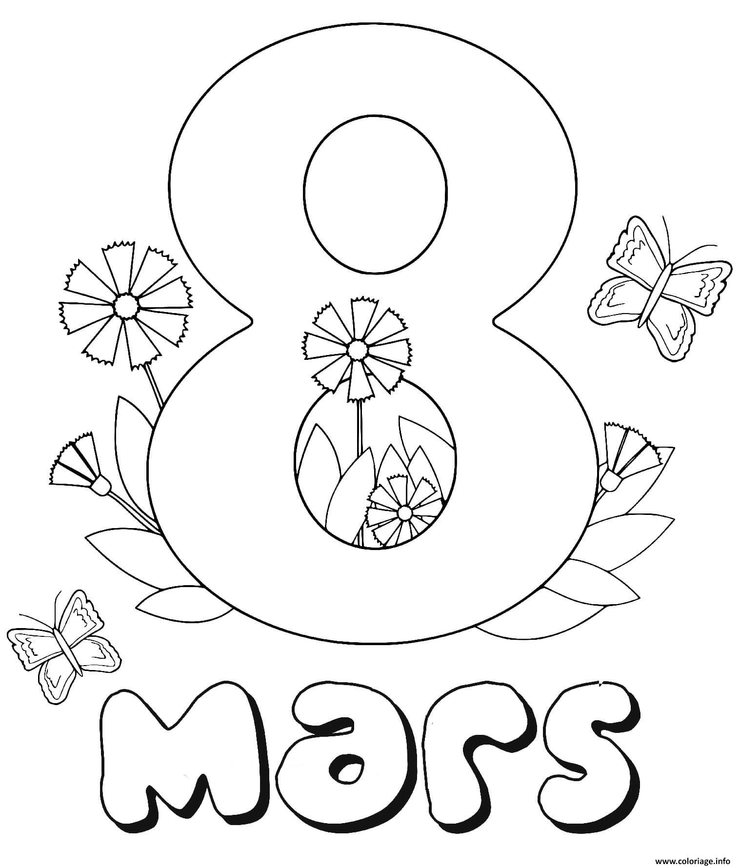 Dessin 8 mars avec des fleurs journee de la femme Coloriage Gratuit à Imprimer