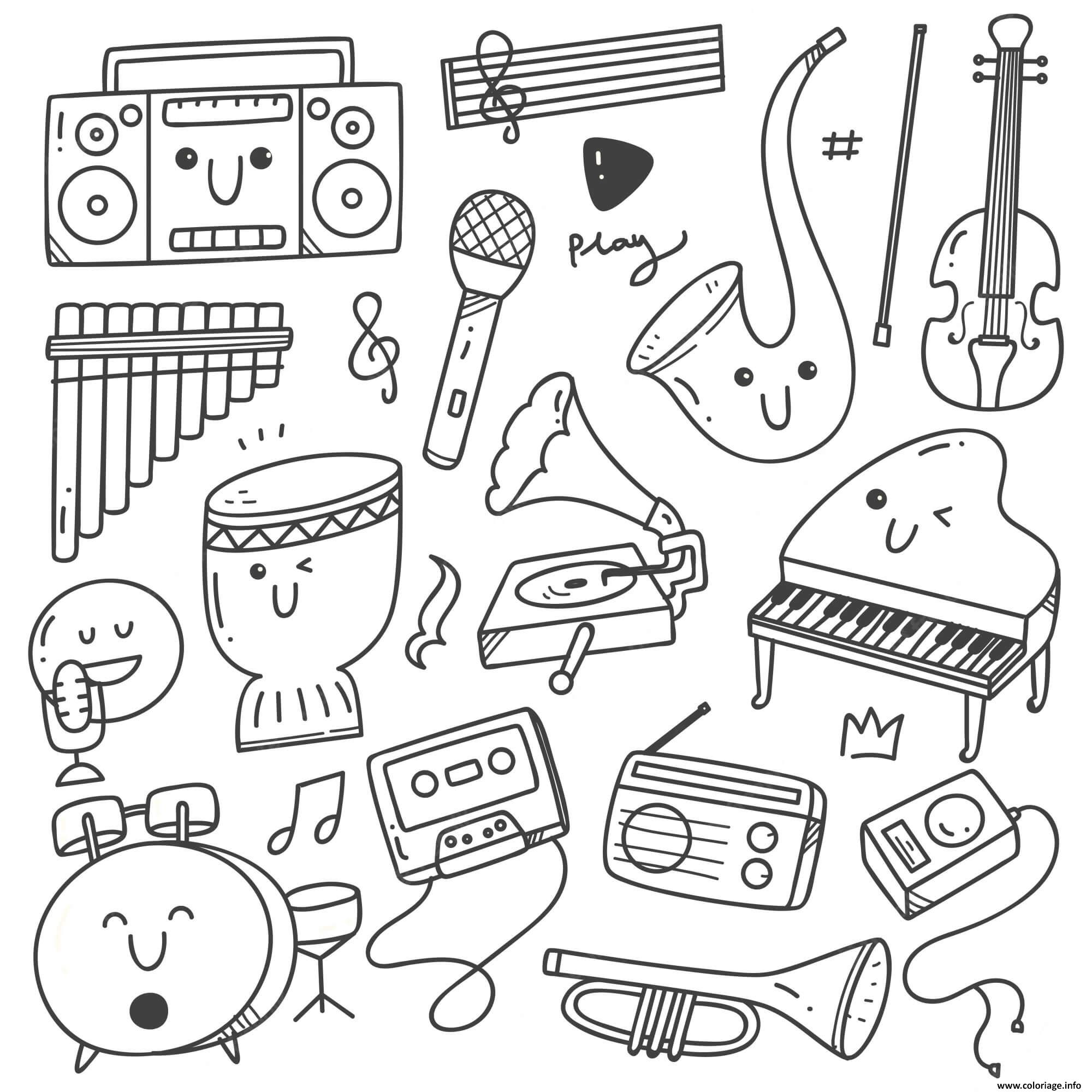 Dessin instruments musique kawaii Coloriage Gratuit à Imprimer