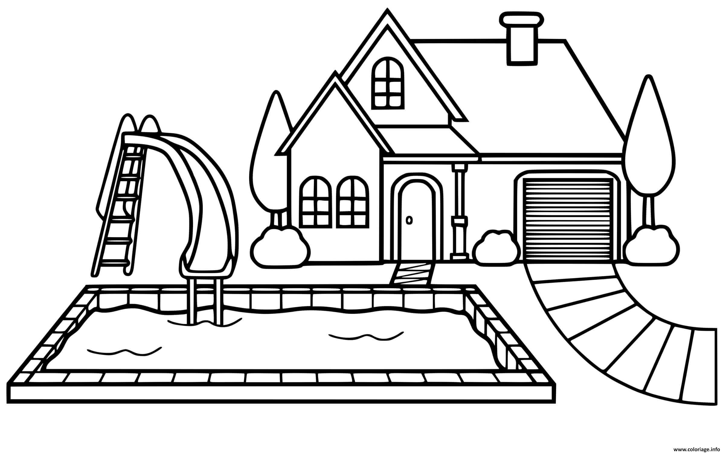 Coloriage Maison à Imprimer Coloriage maison avec piscine creuse - JeColorie.com