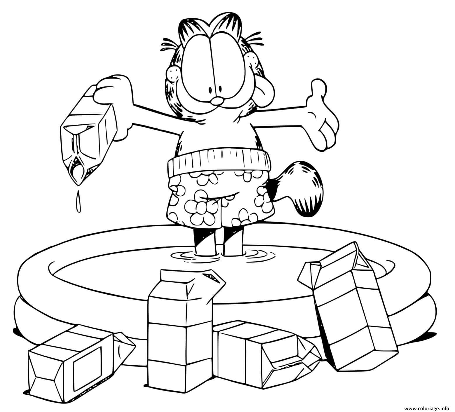 Coloriage Garfield Fait Une Piscine Remplie De Lait Dessin à Imprimer