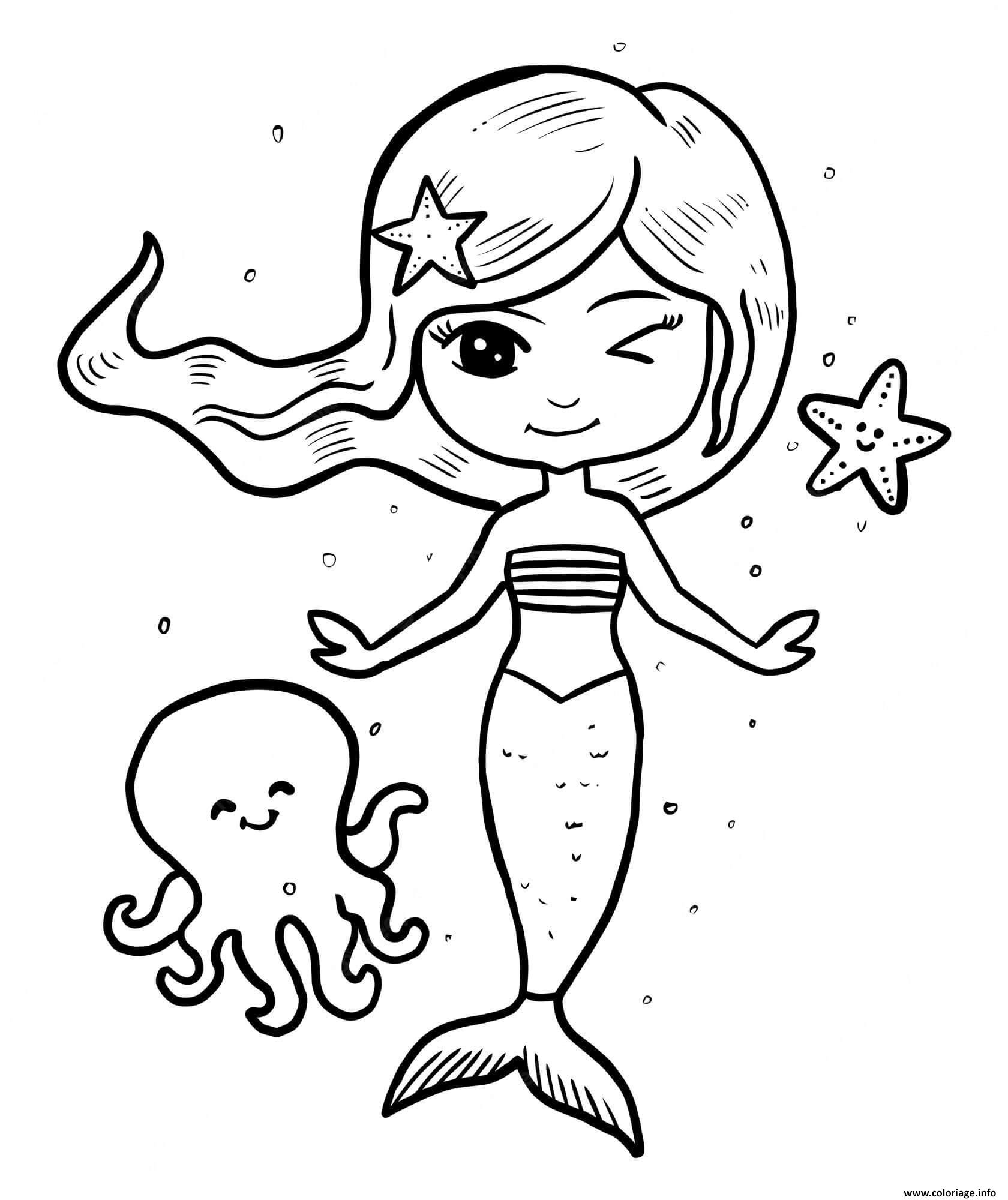 Dessin sirene facile pour enfants avec pieuvre Coloriage Gratuit à Imprimer