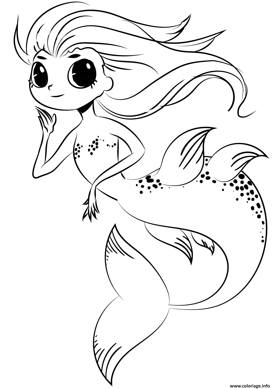 Dessin sirene kawaii avec de grand yeux Coloriage Gratuit à Imprimer