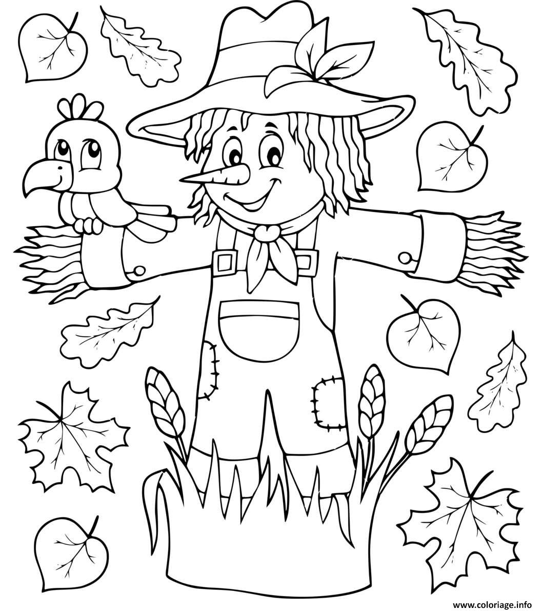 Dessin epouvantail rigolo avec un oiseau corbeau et feuilles automnes maternelle Coloriage Gratuit à Imprimer
