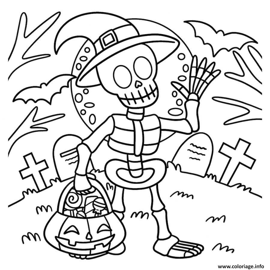 Dessin squelette dans un cimetiere halloween pour petit Coloriage Gratuit à Imprimer