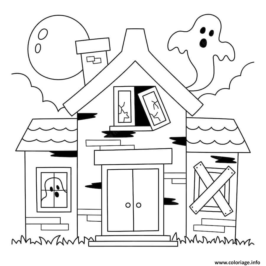 Dessin maison hantee avec fantomes halloween pour petit Coloriage Gratuit à Imprimer