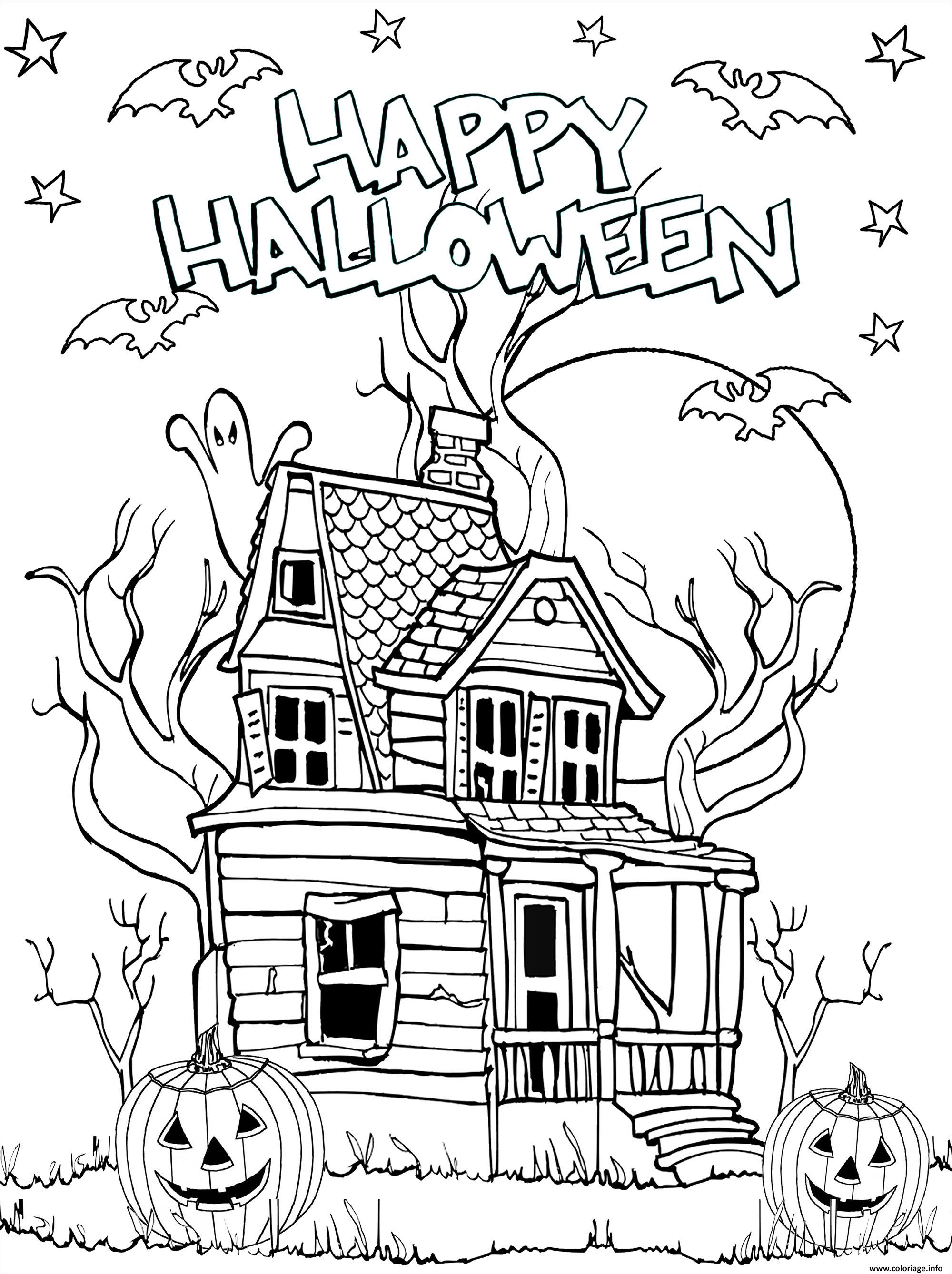 Dessin joyeuse halloween maison hantee qui fait peur Coloriage Gratuit à Imprimer