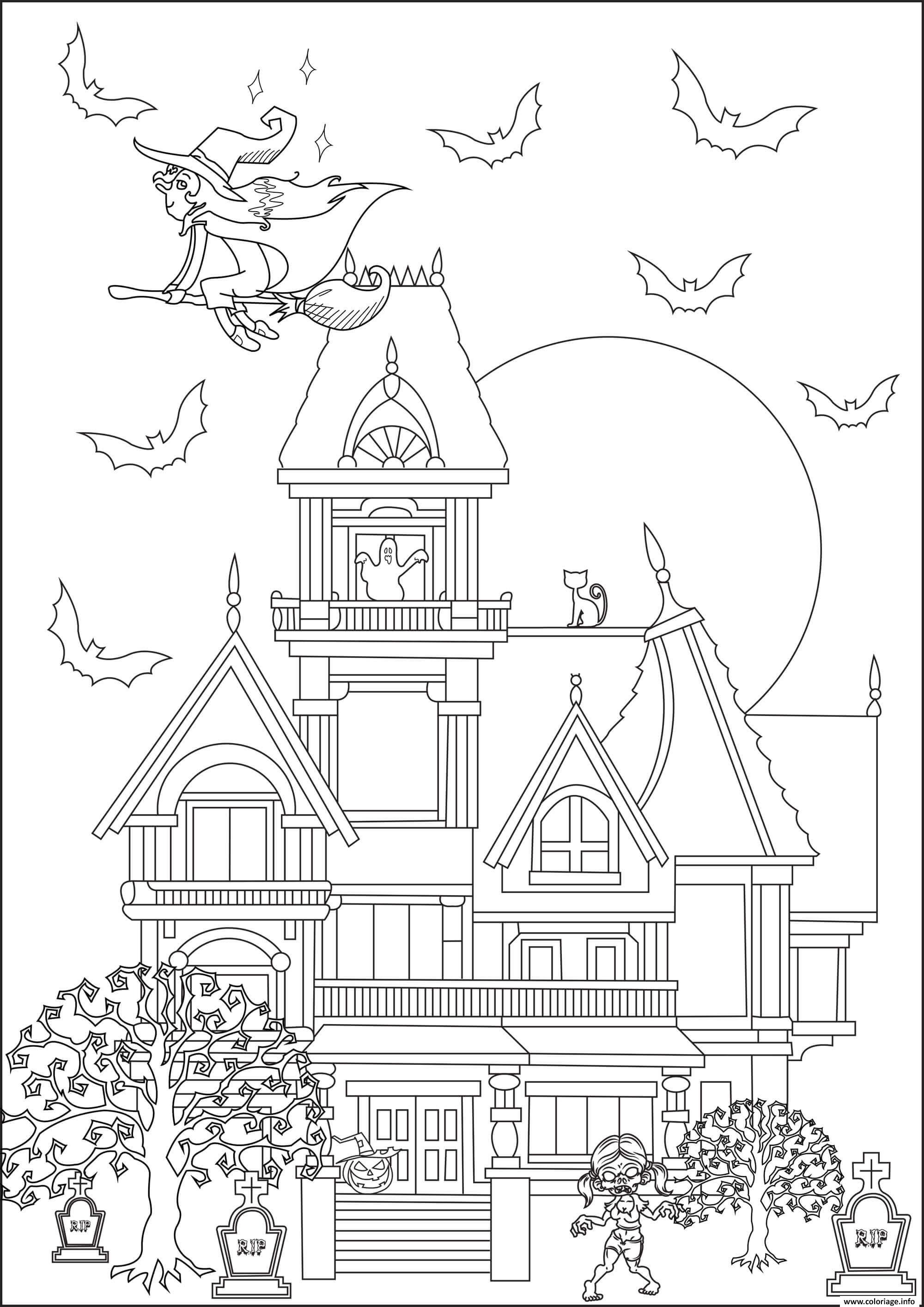 Dessin complexe maison hantee halloween Coloriage Gratuit à Imprimer