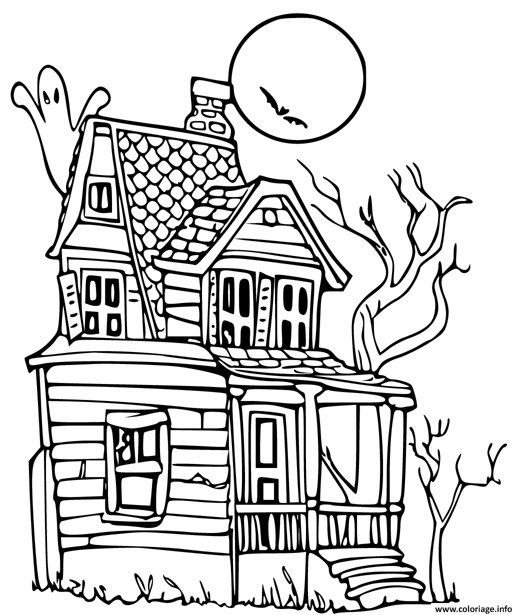Dessin maison hantee avec lune halloween Coloriage Gratuit à Imprimer