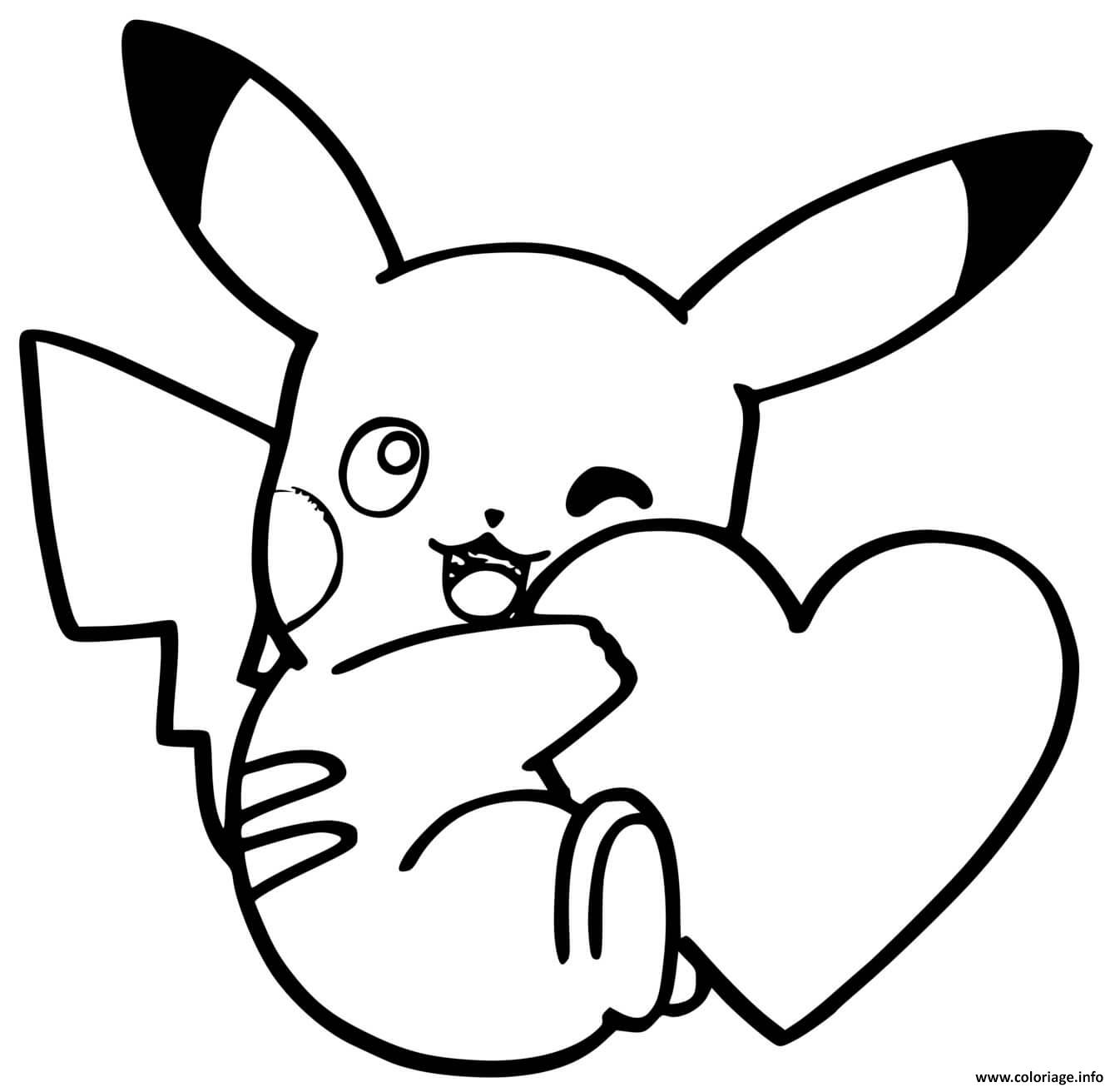 Dessin pikachu mignon avec un coeur Coloriage Gratuit à Imprimer