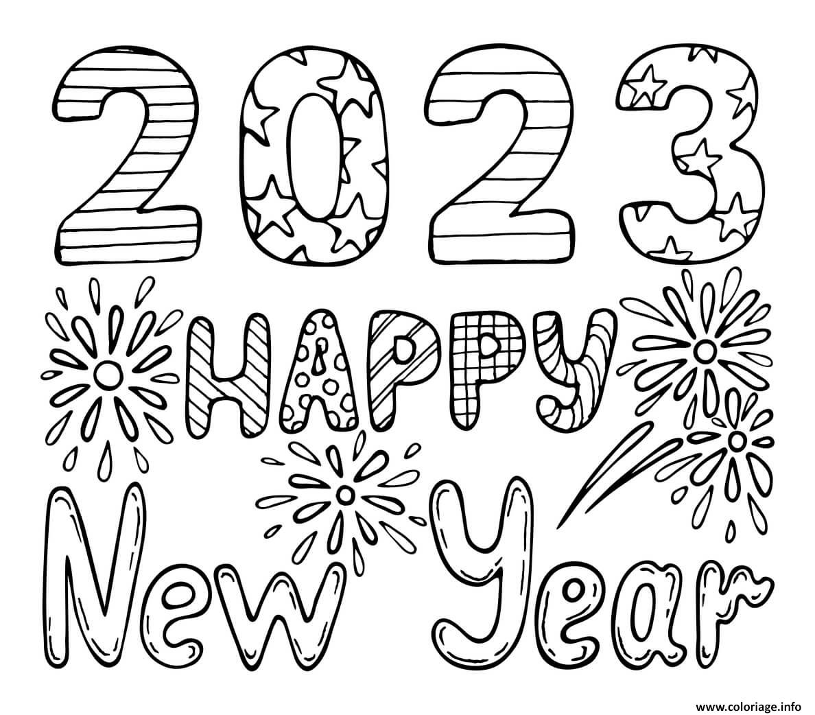 Coloriage 2023 Happy New Year Stars Dessin Bonne Annee Nouvel An à imprimer