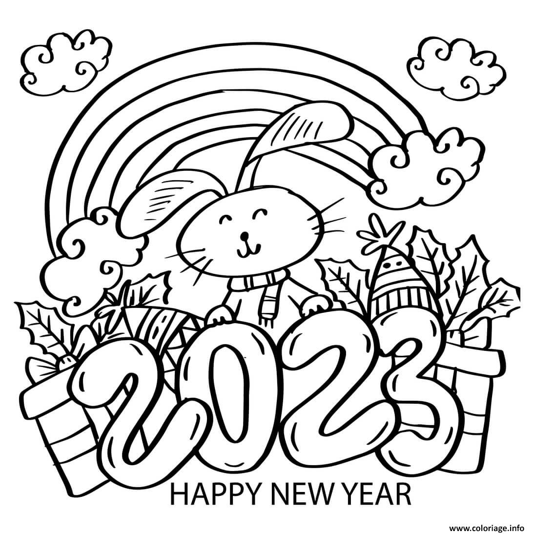 Coloriage 2023 Nouvel An Lapin Arc En Ciel Dessin Bonne Annee Nouvel An