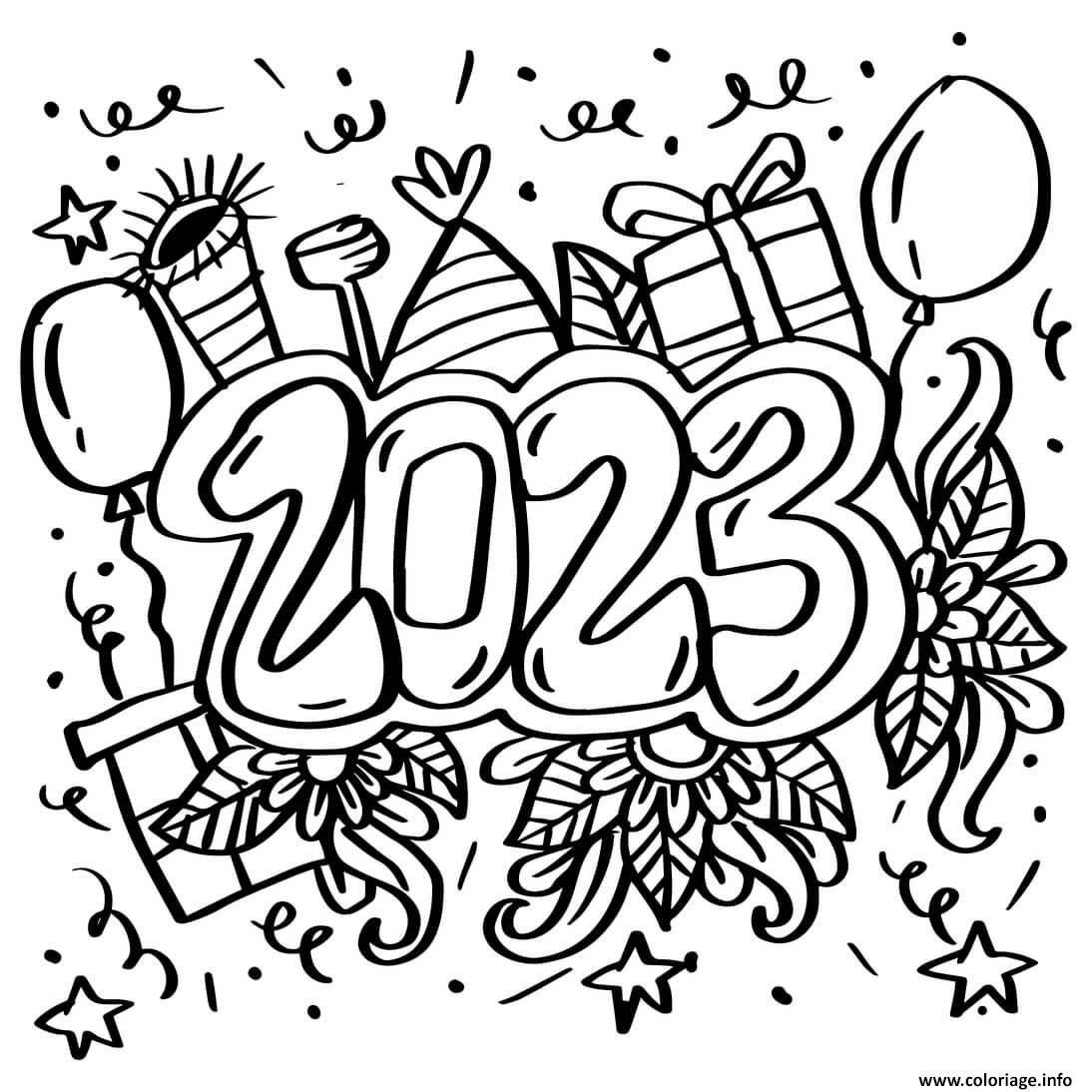 Dessin 2023 nouvel an cadeaux ballons celebrations Coloriage Gratuit à Imprimer