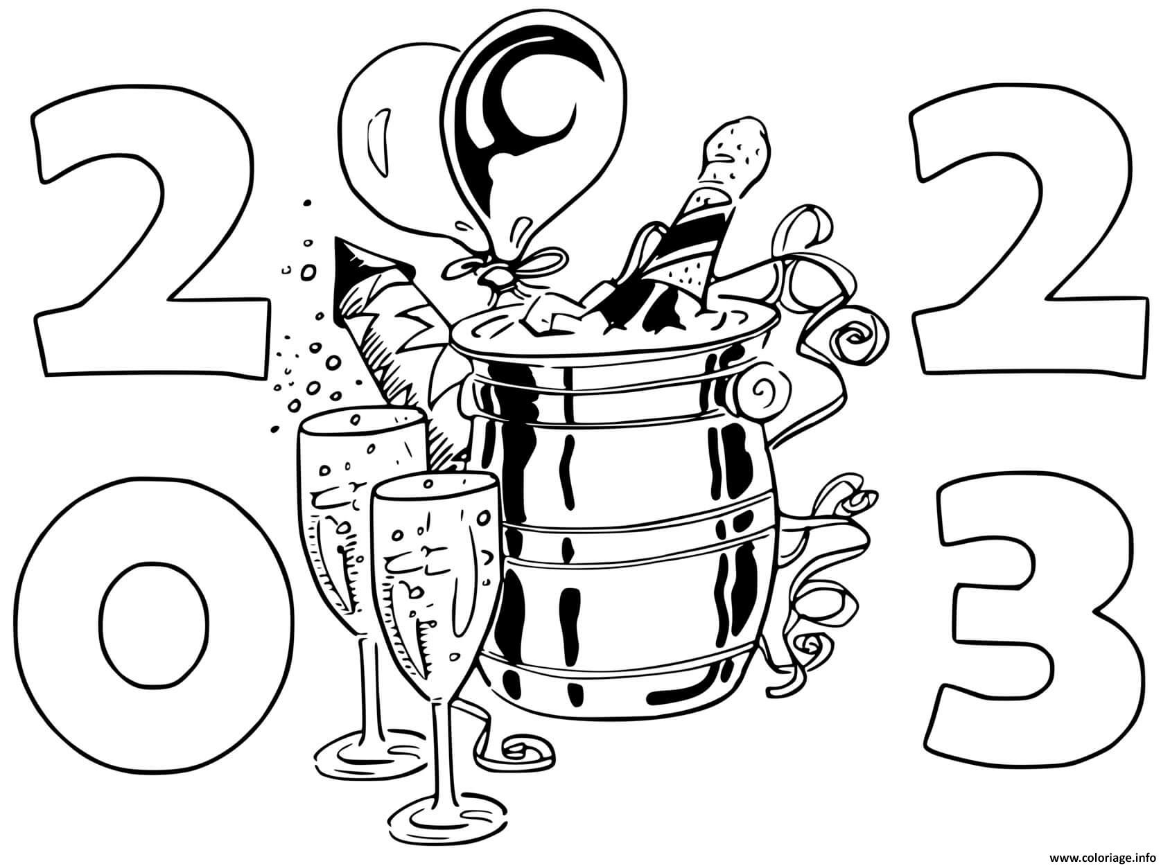 Dessin 2023 nouvel an champagne Coloriage Gratuit à Imprimer