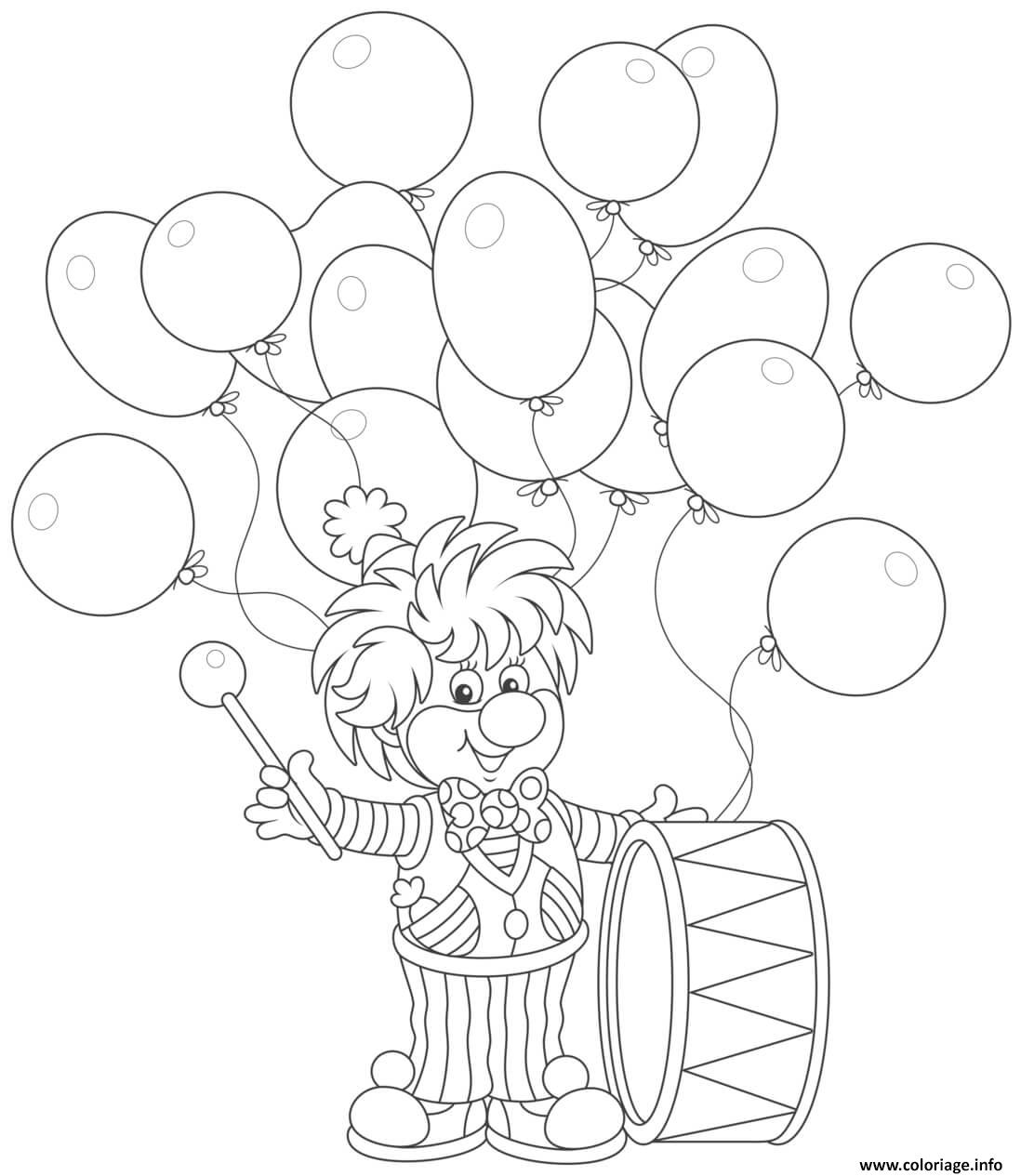 Coloriage Clown Avec Un Tambour Et Des Balons Dessin à Imprimer